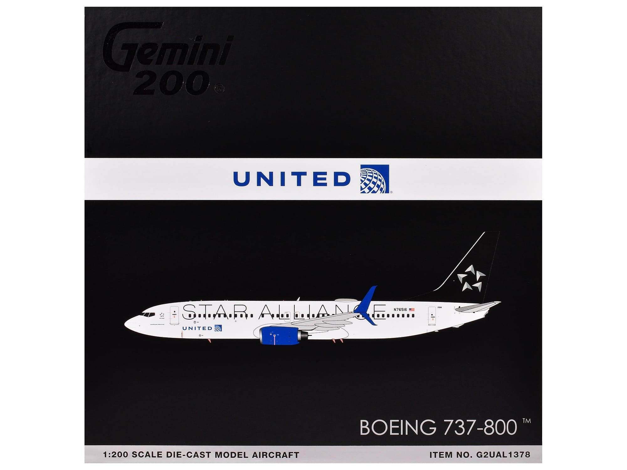 Boeing 737-800 Commercial Aircraft "United Airlines Star Alliance" (N76516) White with Black Tail "Gemini 200" Series 1/200 Diecast Model Airplane by GeminiJets - Image 3