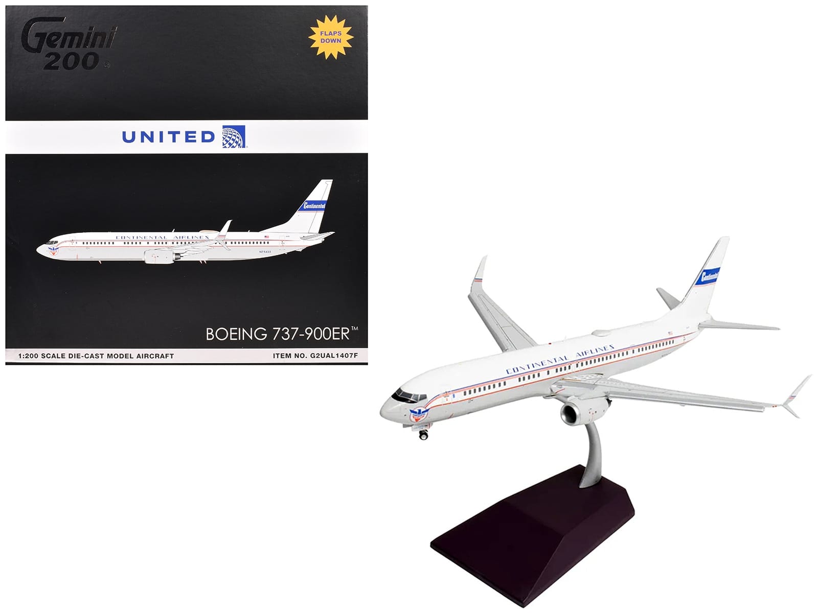 Boeing 737-900ER Commercial Aircraft with Flaps Down "Continental Airlines - United Airlines" (N75435) White with Red and Blue Stripes "Gemini 200" Series 1/200 Diecast Model Airplane by GeminiJets