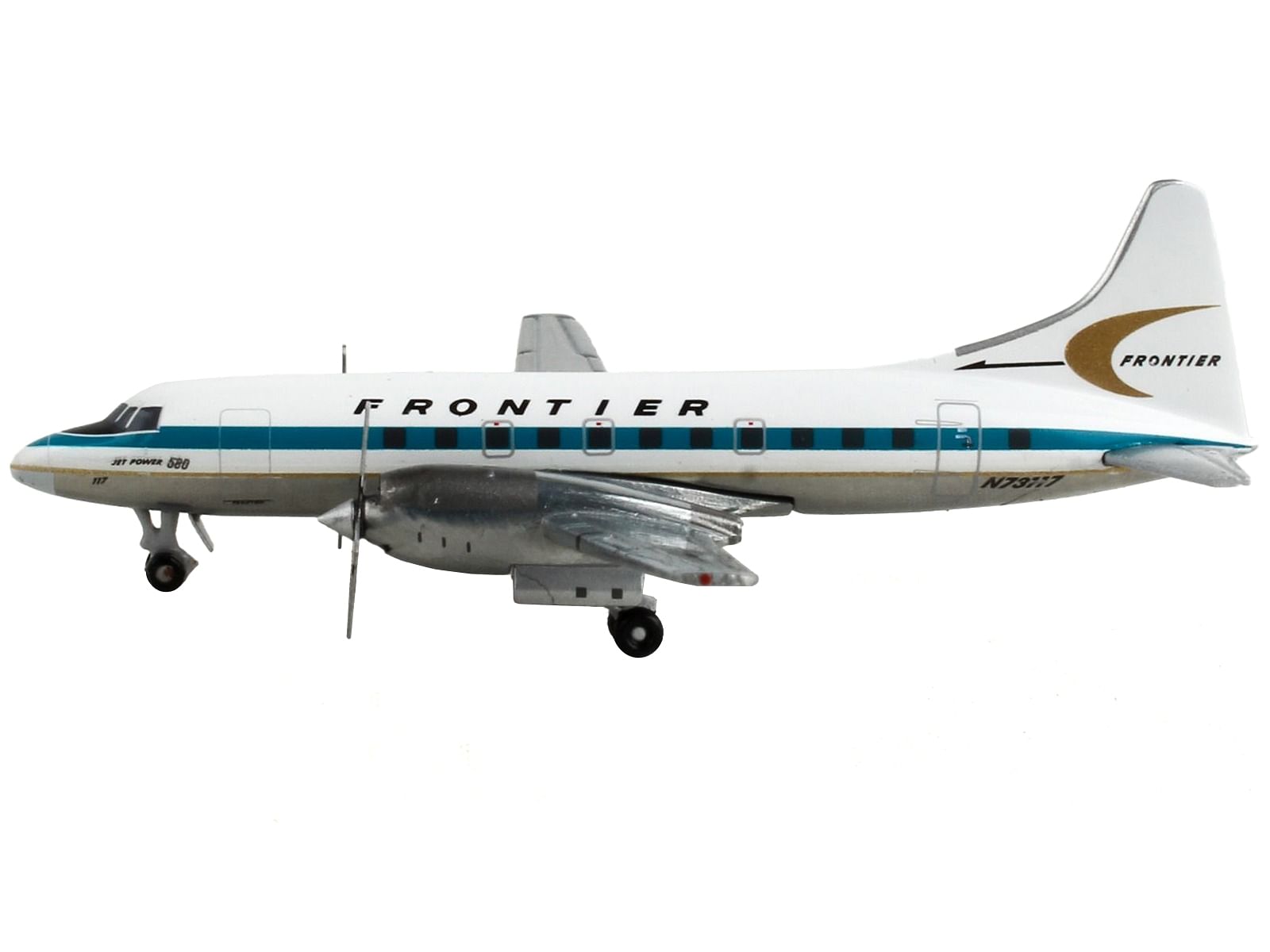 Convair CV-580 Commercial Aircraft “Frontier Airlines” White with Teal Stripes 1/400 Diecast Model Airplane by GeminiJets