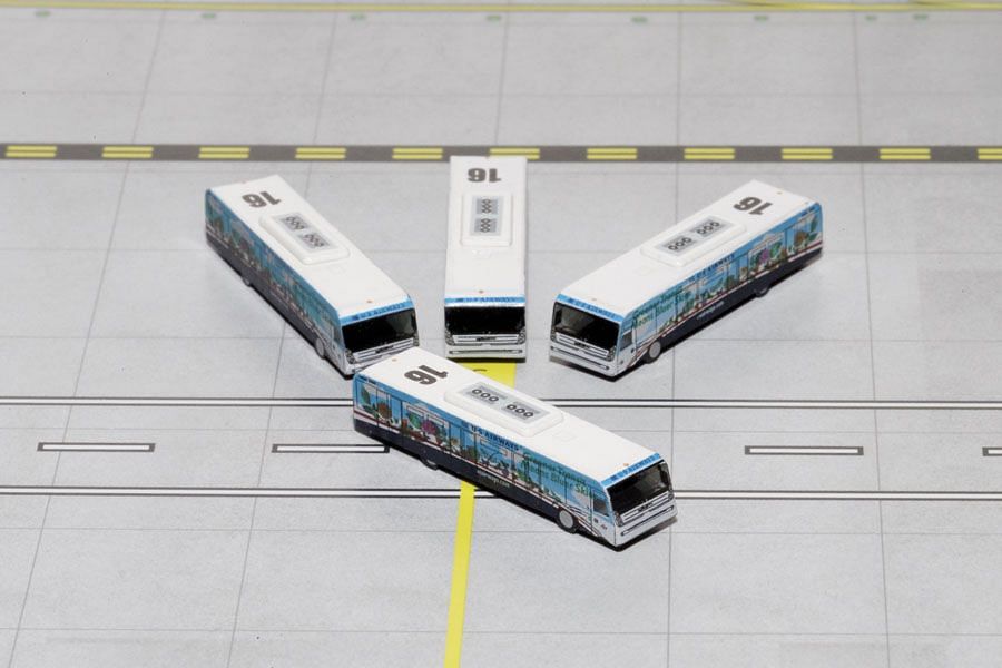 Cobus 3000 Passenger Bus White and Blue with Graphics “US Airways Shuttle Bus – Greener Transit” 4 Piece Set 1/400 Diecast Models by GeminiJets