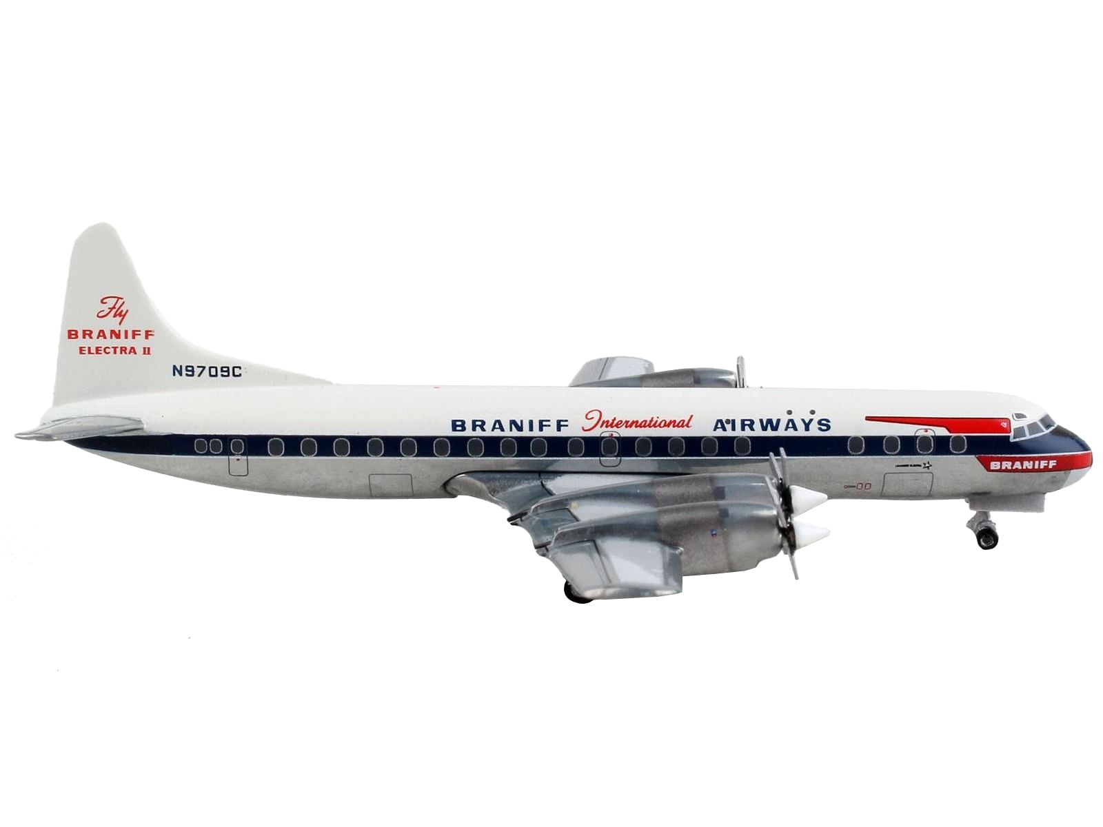 Lockheed L-188 Electra Commercial Aircraft “Braniff International Airways” White with Blue Stripes 1/400 Diecast Model Airplane by GeminiJets