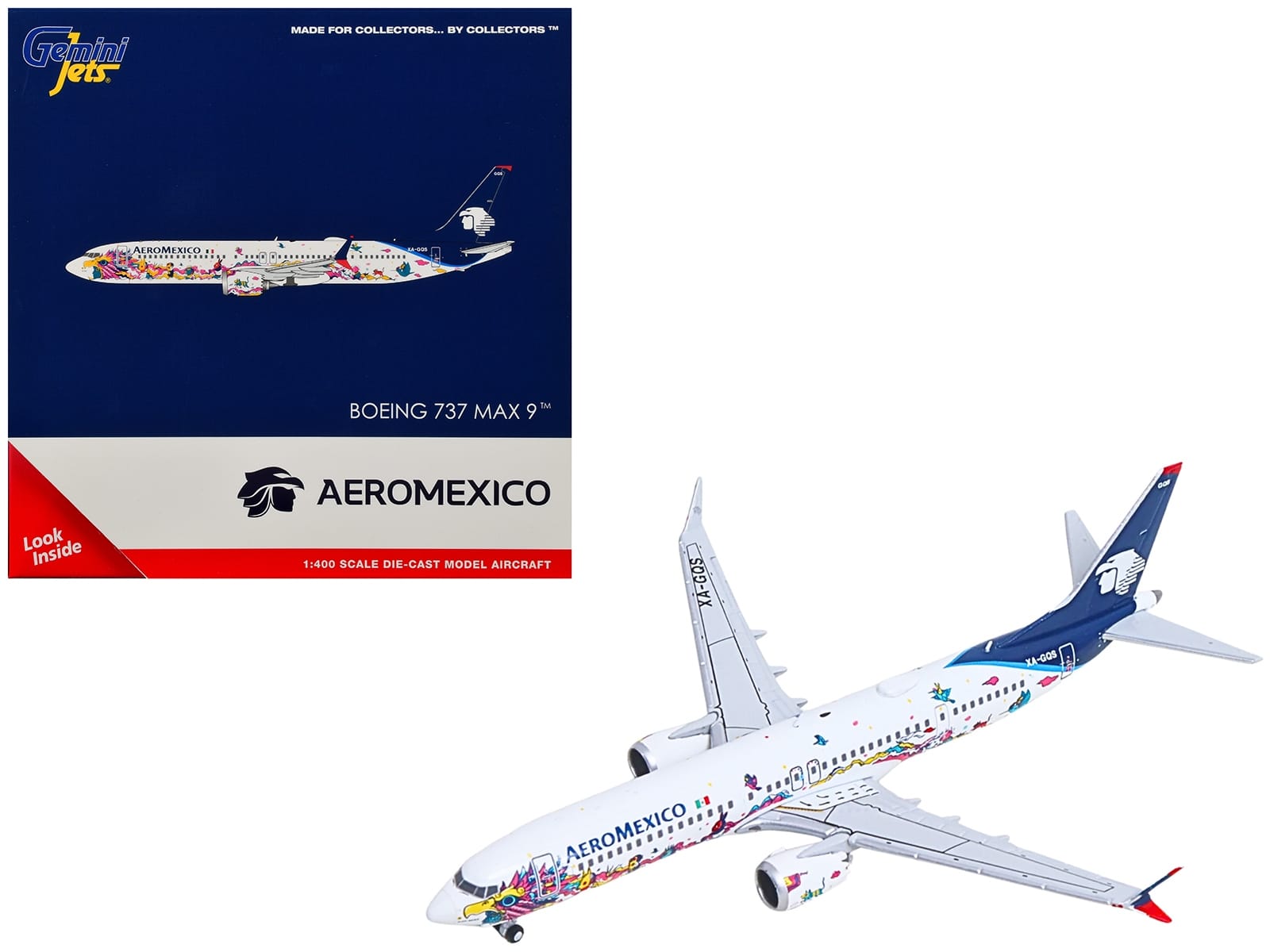 Boeing 737 MAX 9 Commercial Aircraft "Aeromexico - Kukulcan" (XA-GQS) White with Graphics and Blue Tail 1/400 Diecast Model by GeminiJets