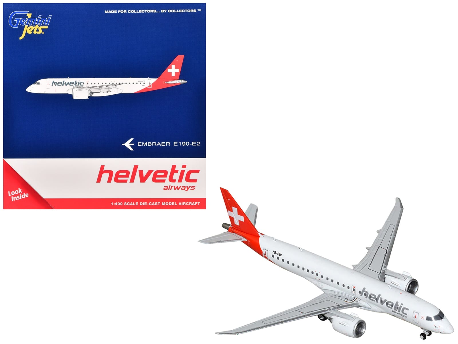 Embraer E190-E2 Commercial Aircraft "Helvetic Airways" (HB-AZC) White with Red Tail 1/400 Diecast Model Airplane by GeminiJets - Image 2
