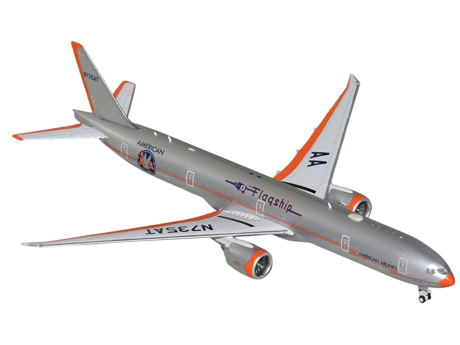 Boeing 777-300ER Commercial Aircraft "American Airlines - Flagship DFW" (N735AT) Silver with Orange Stripes 1/400 Diecast Model by GeminiJets - Image 2