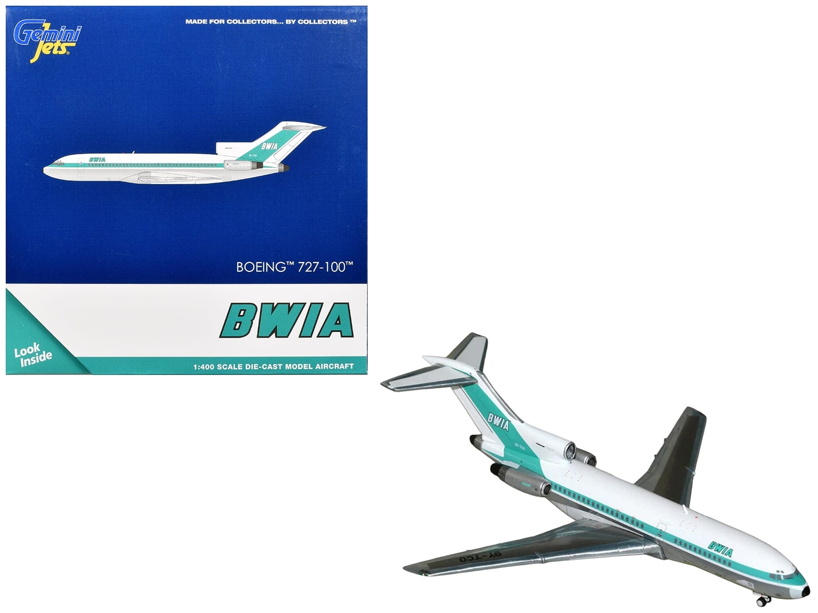 Boeing 727-100 Commercial Aircraft "British West Indian Airways" (9Y-TCO) White with Light Green Stripes 1/400 Diecast Model Airplane by GeminiJets