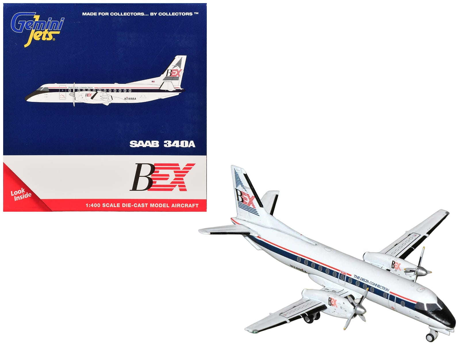 Saab 340A Commercial Aircraft "Business Express Airlines - The Delta Connection" (N749BA) White with Blue and Red Stripes 1/400 Diecast Model by GeminiJets