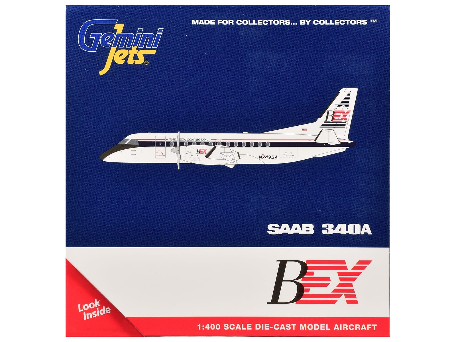 Saab 340A Commercial Aircraft "Business Express Airlines - The Delta Connection" (N749BA) White with Blue and Red Stripes 1/400 Diecast Model by GeminiJets - Image 3