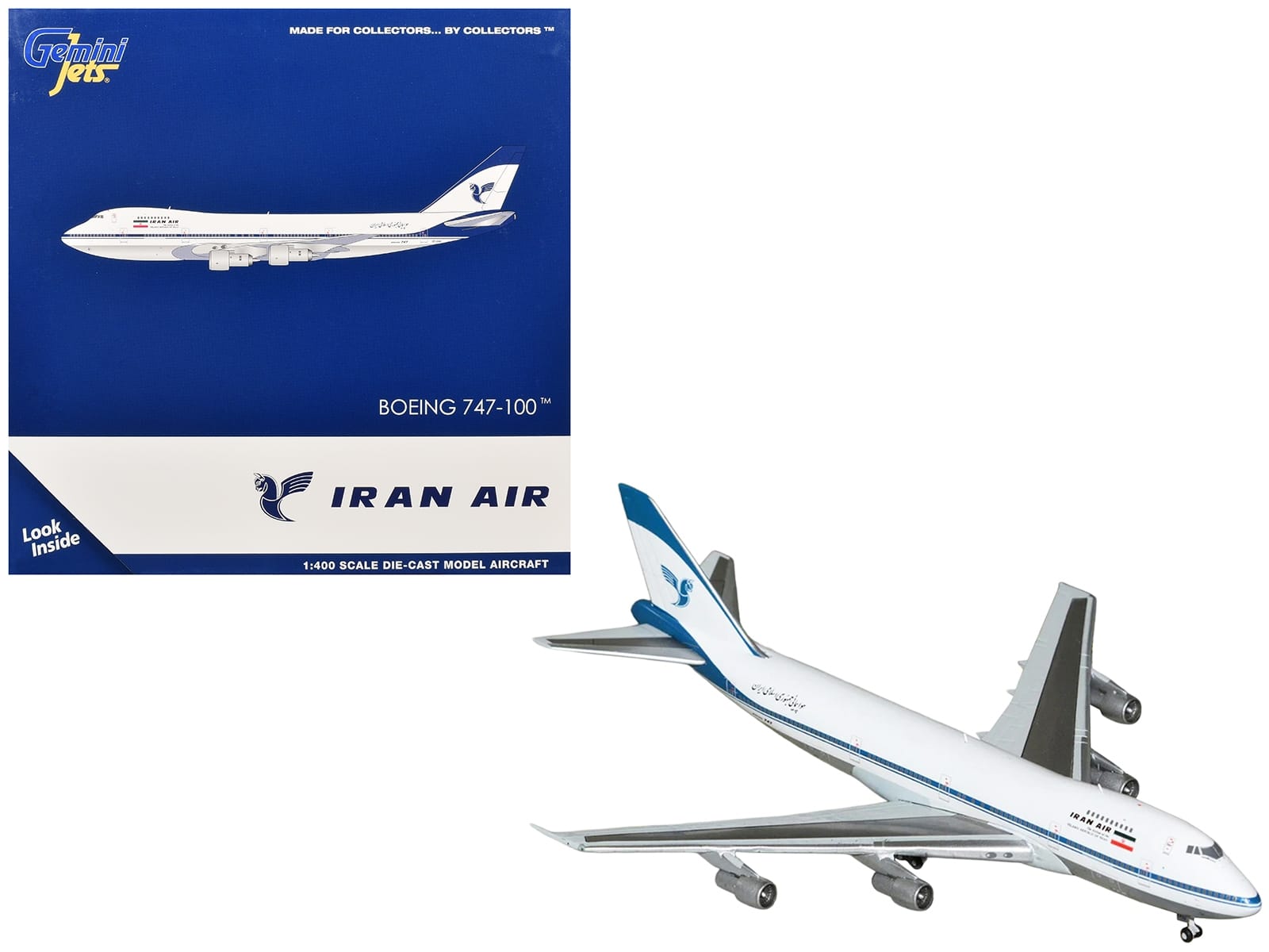 Boeing 747-100 Commercial Aircraft "Iran Air" (EP-IAM) White with Blue Stripes 1/400 Diecast Model by GeminiJets
