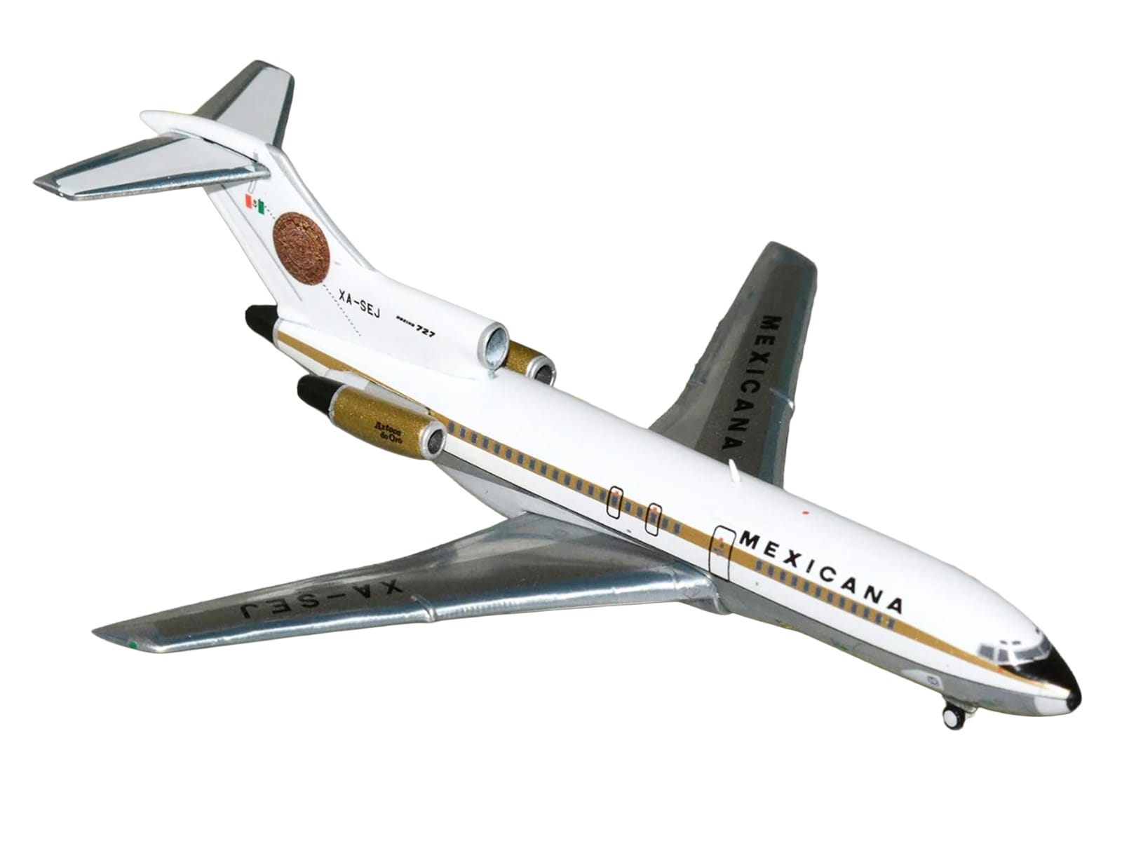 Boeing 727-100 Commercial Aircraft "Mexicana de Aviacion" (XA-SEJ) White with Gold Stripes 1/400 Diecast Model Airplane by GeminiJets - Image 2