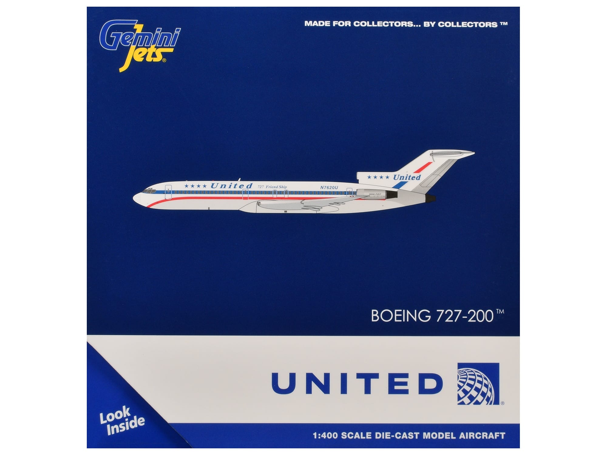 Boeing 727-200 Commercial Aircraft "United Airlines - Stars & Bars/Friend Ship" (N7620U) White with Red and Blue Stripes 1/400 Diecast Model Airplane by GeminiJets - Image 3