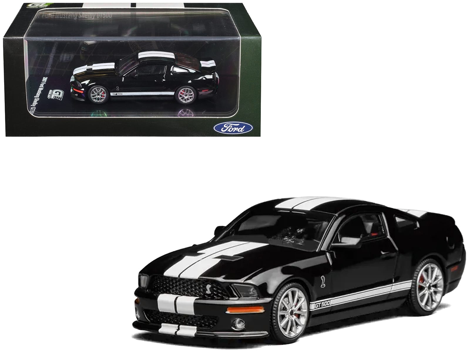 2007 Ford Mustang Shelby GT500 Ebony Black with White Stripes 1/64 Diecast Model Car by MotorHelix & Greenlight