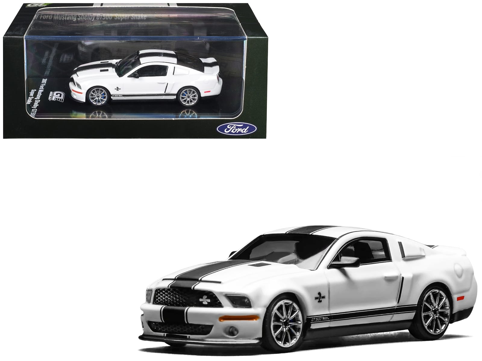 2007 Ford Mustang Shelby GT500 Super Snake Performance White with Matt Black Stripes 1/64 Diecast Model Car by MotorHelix & Greenlight