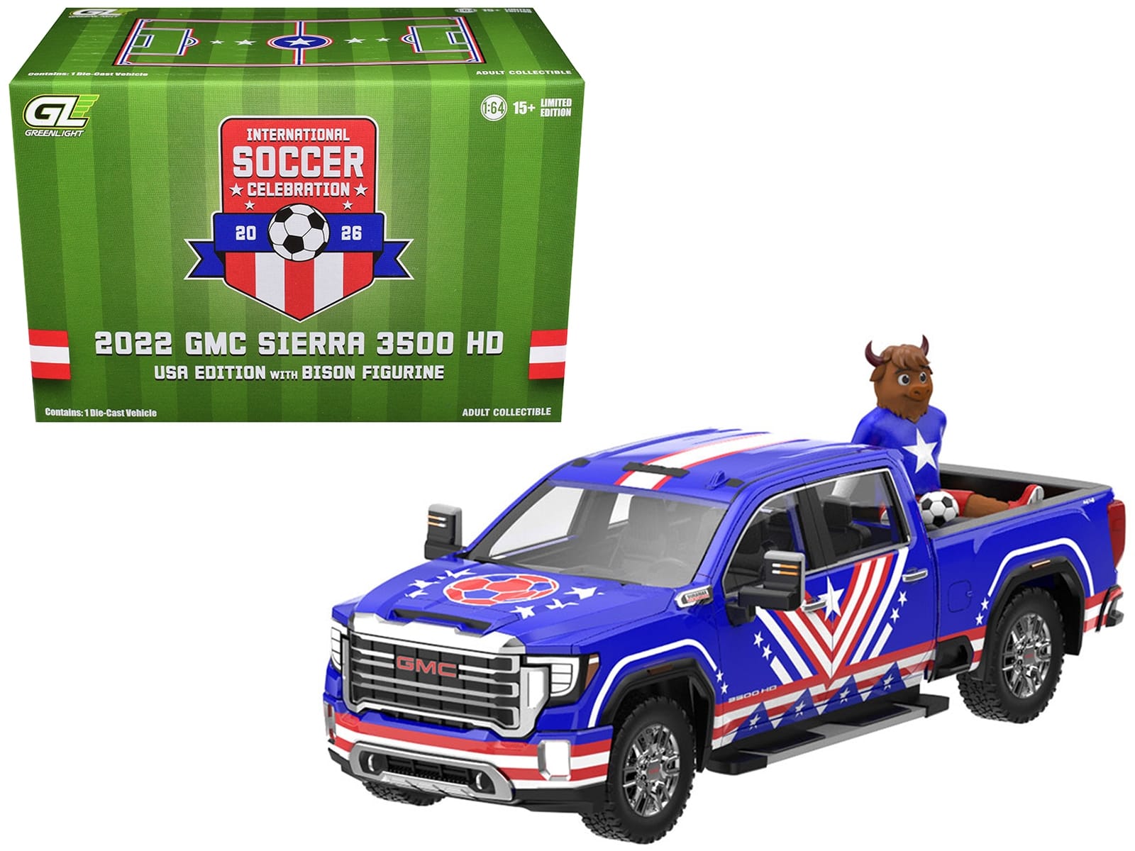 2022 GMC Sierra 3500 HD Pickup Truck Blue with American Soccer Graphics with Bison Figure "International Soccer Celebration '26" Series 1/64 Diecast Model Car by Greenlight