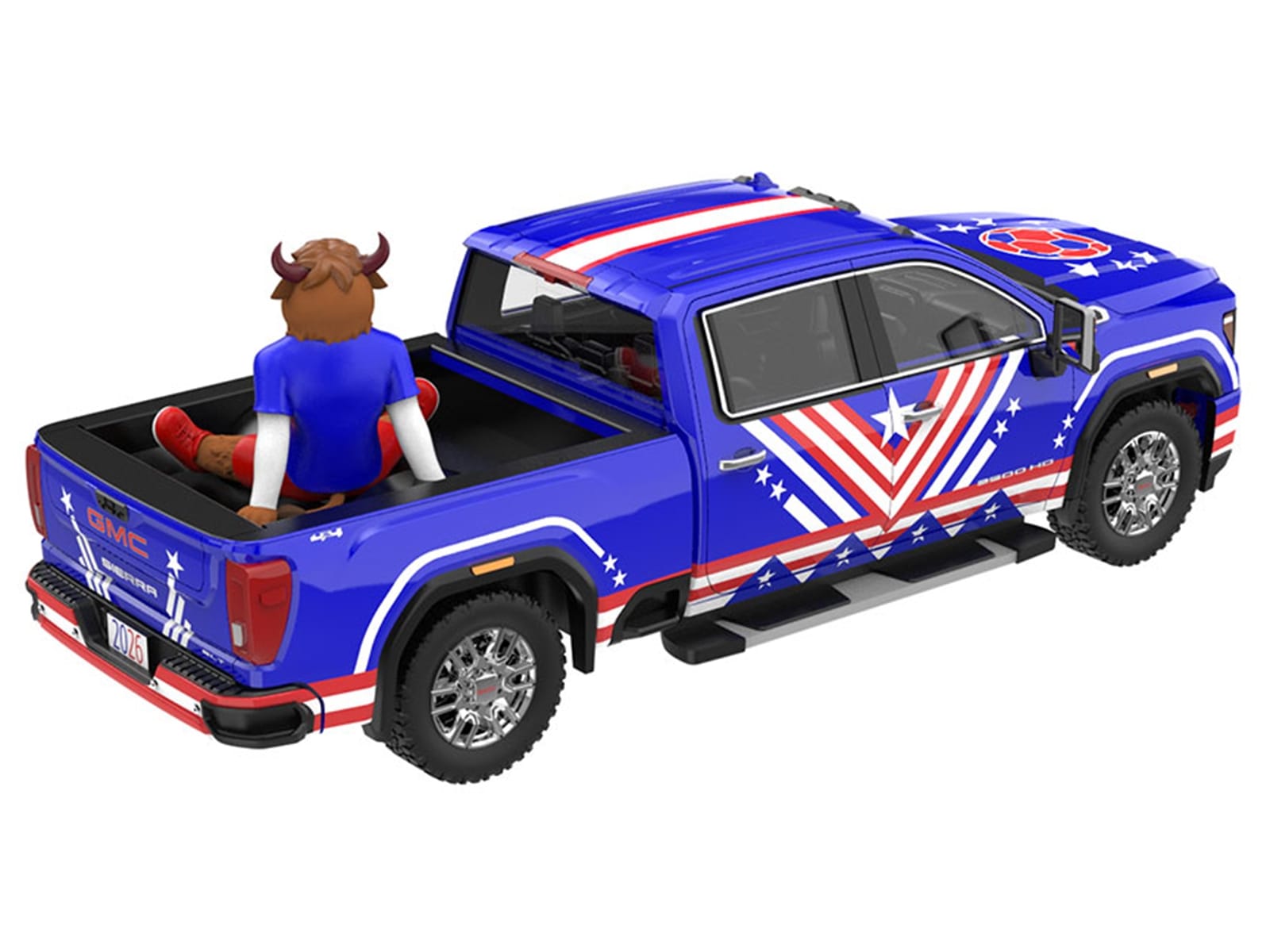 2022 GMC Sierra 3500 HD Pickup Truck Blue with American Soccer Graphics with Bison Figure "International Soccer Celebration '26" Series 1/64 Diecast Model Car by Greenlight - Image 3