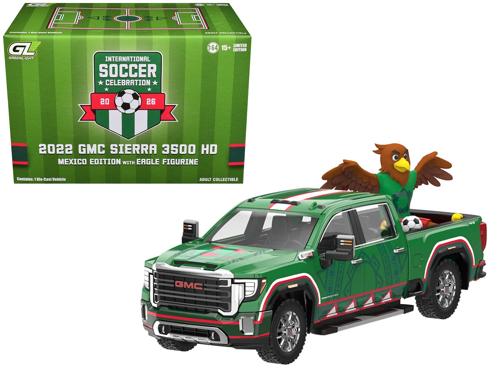 2022 GMC Sierra 3500 HD Pickup Truck Green with Mexican Soccer Graphics with Eagle Figure "International Soccer Celebration '26" Series 1/64 Diecast Model Car by Greenlight