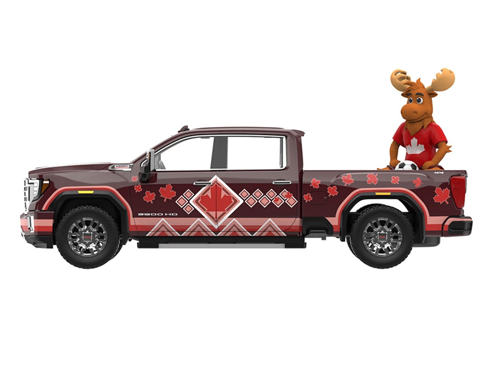2022 GMC Sierra 3500 HD Pickup Truck Dark Red with Canadian Soccer Graphics with Moose Figure "International Soccer Celebration '26" Series 1/64 Diecast Model Car by Greenlight - Image 2