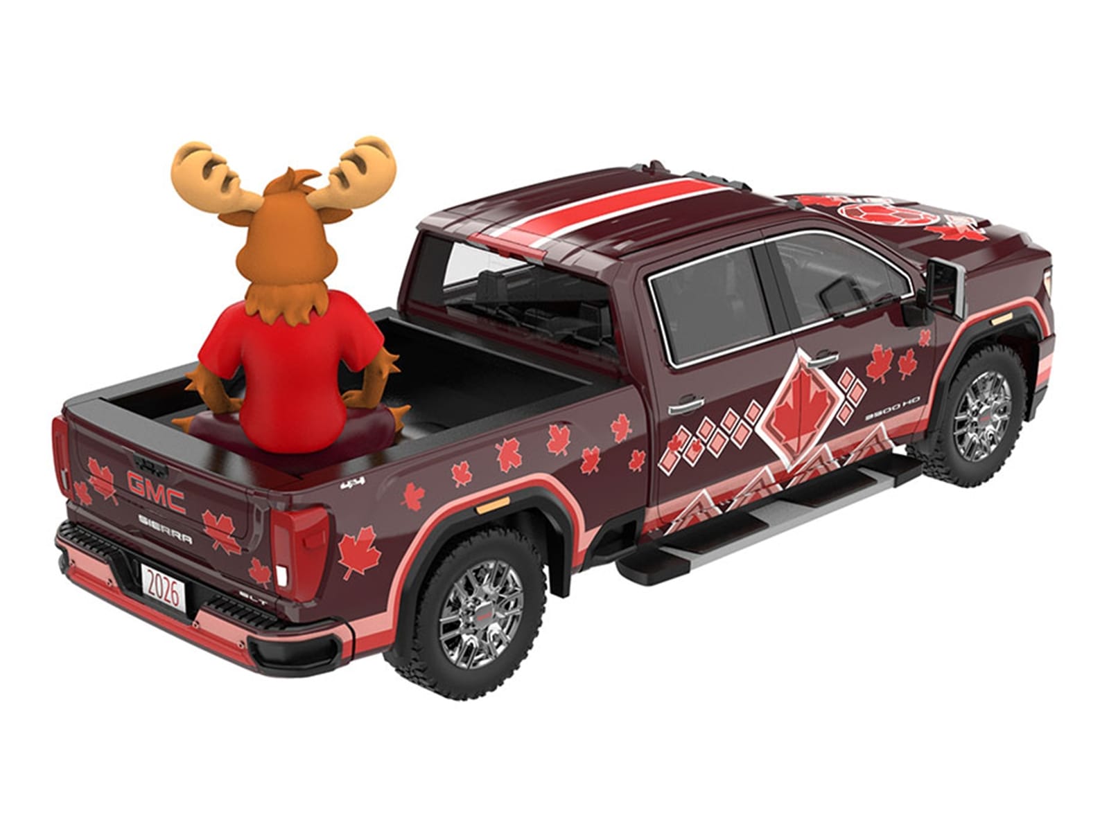 2022 GMC Sierra 3500 HD Pickup Truck Dark Red with Canadian Soccer Graphics with Moose Figure "International Soccer Celebration '26" Series 1/64 Diecast Model Car by Greenlight - Image 3