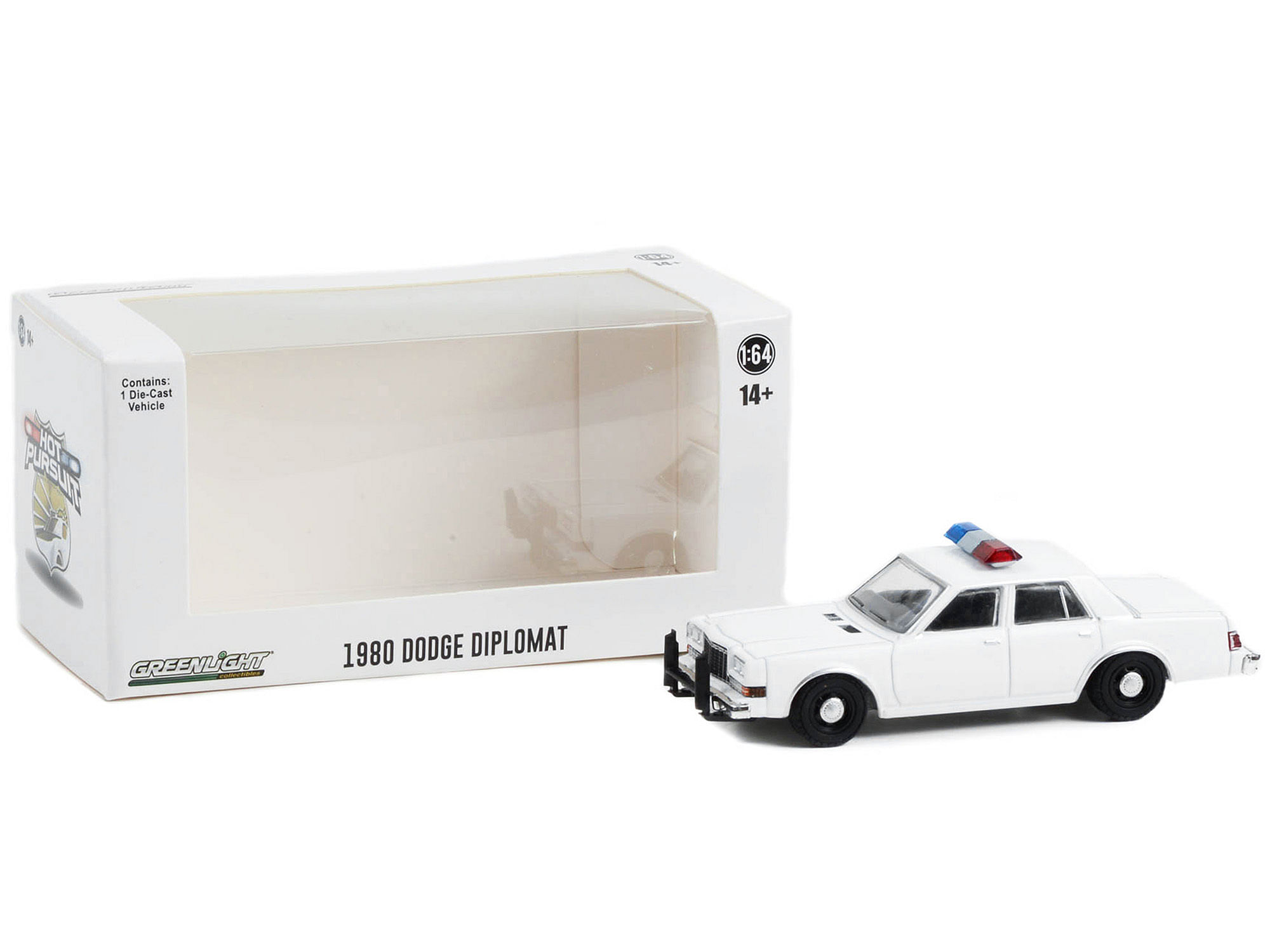 1980-1989 Dodge Diplomat Police Unmarked White with Light Bar “Hot Pursuit” “Hobby Exclusive” Series 1/64 Diecast Model Car by Greenlight