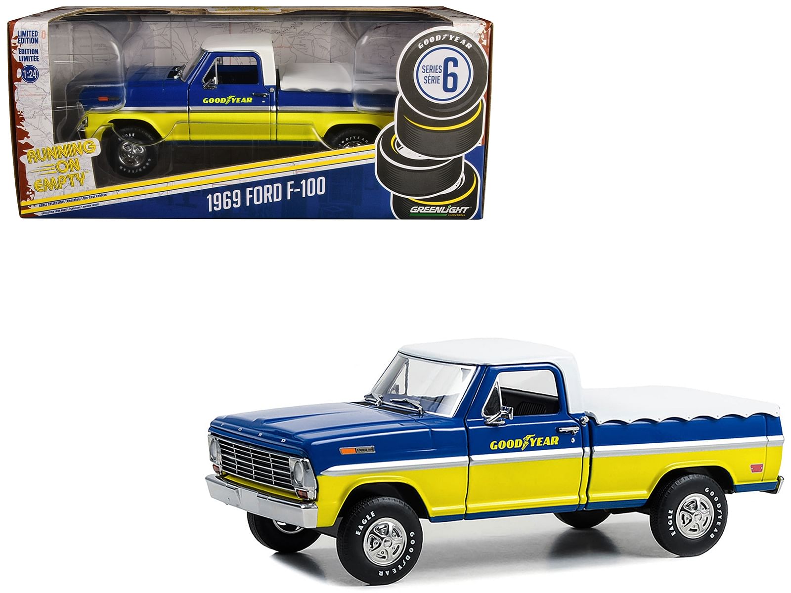 1969 Ford F-100 Pickup Truck Blue and Yellow with White Top and Bed Cover “Goodyear Tires” “Running on Empty” Series 6 1/24 Diecast Model Car by Greenlight