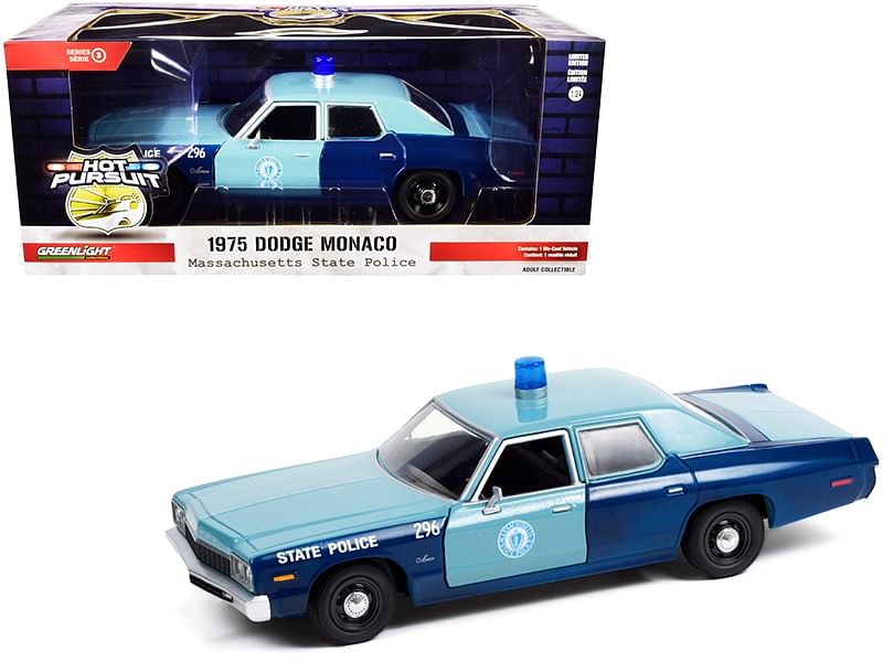 1975 Dodge Monaco Light Blue and Dark Blue “Massachusetts State Police” “Hot Pursuit” Series 1/24 Diecast Model Car by Greenlight