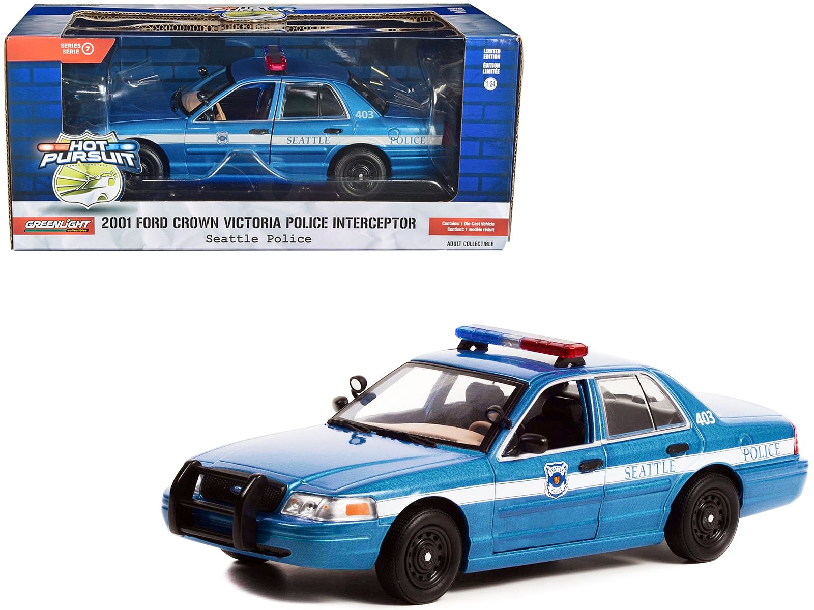 2001 Ford Crown Victoria Police Interceptor Blue Metallic “Seattle Police – Seattle, Washington” “Hot Pursuit” Series 1/24 Diecast Model Car by Greenlight