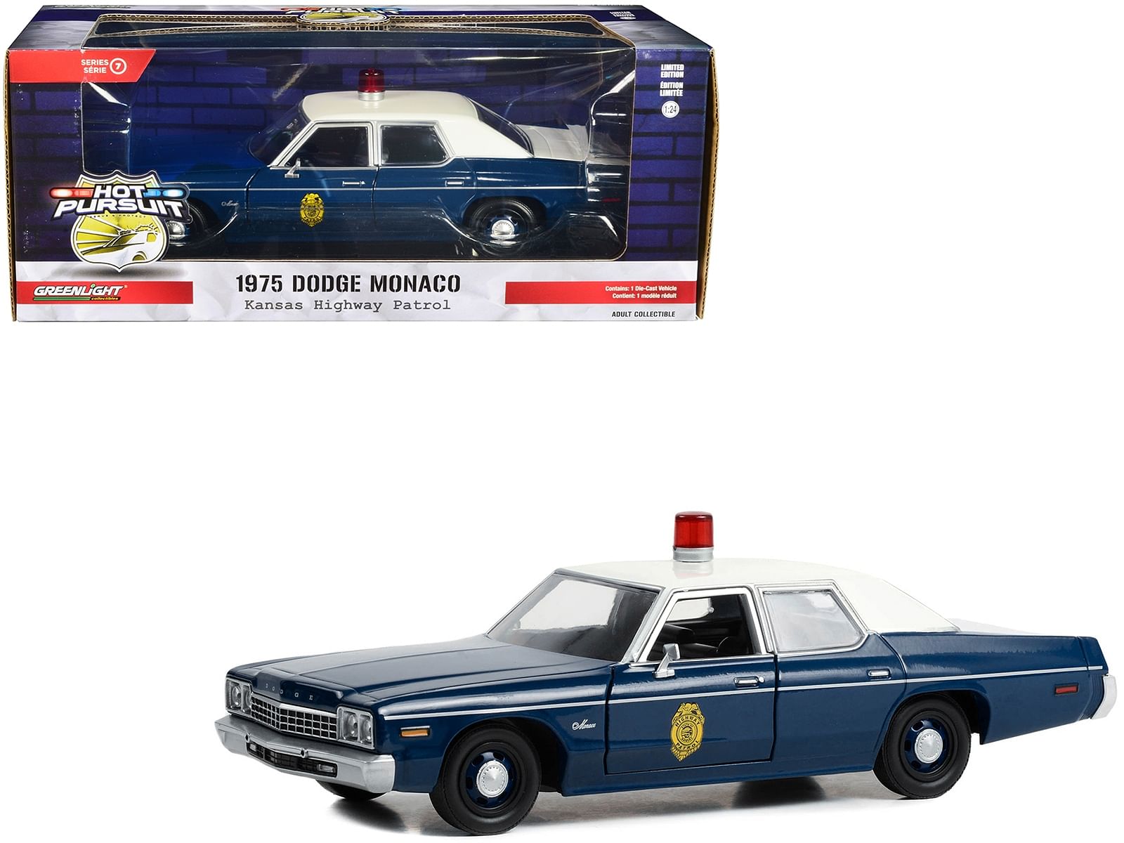 1975 Dodge Monaco Dark Blue with White Top “Kansas Highway Patrol” “Hot Pursuit” Series 1/24 Diecast Model Car by Greenlight