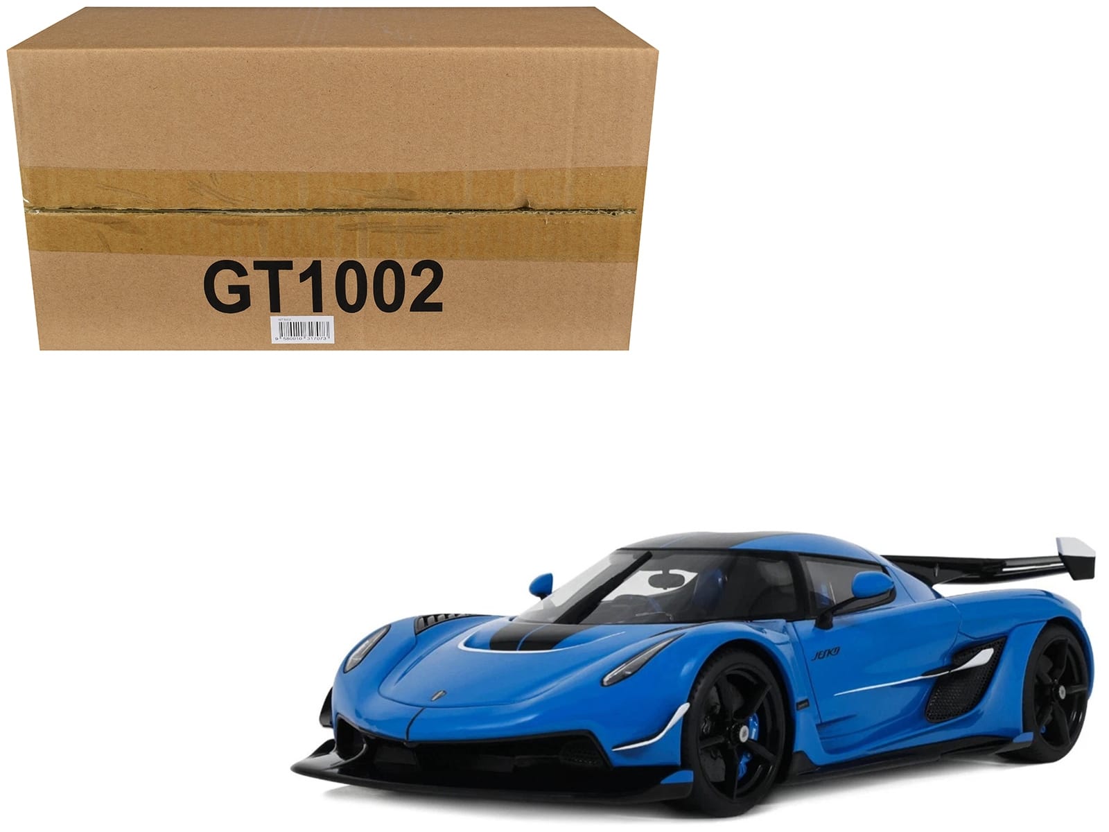 2025 Koenigsegg Jesko Blue Metallic with Black Stripes 1/18 Model Car by GT Spirit