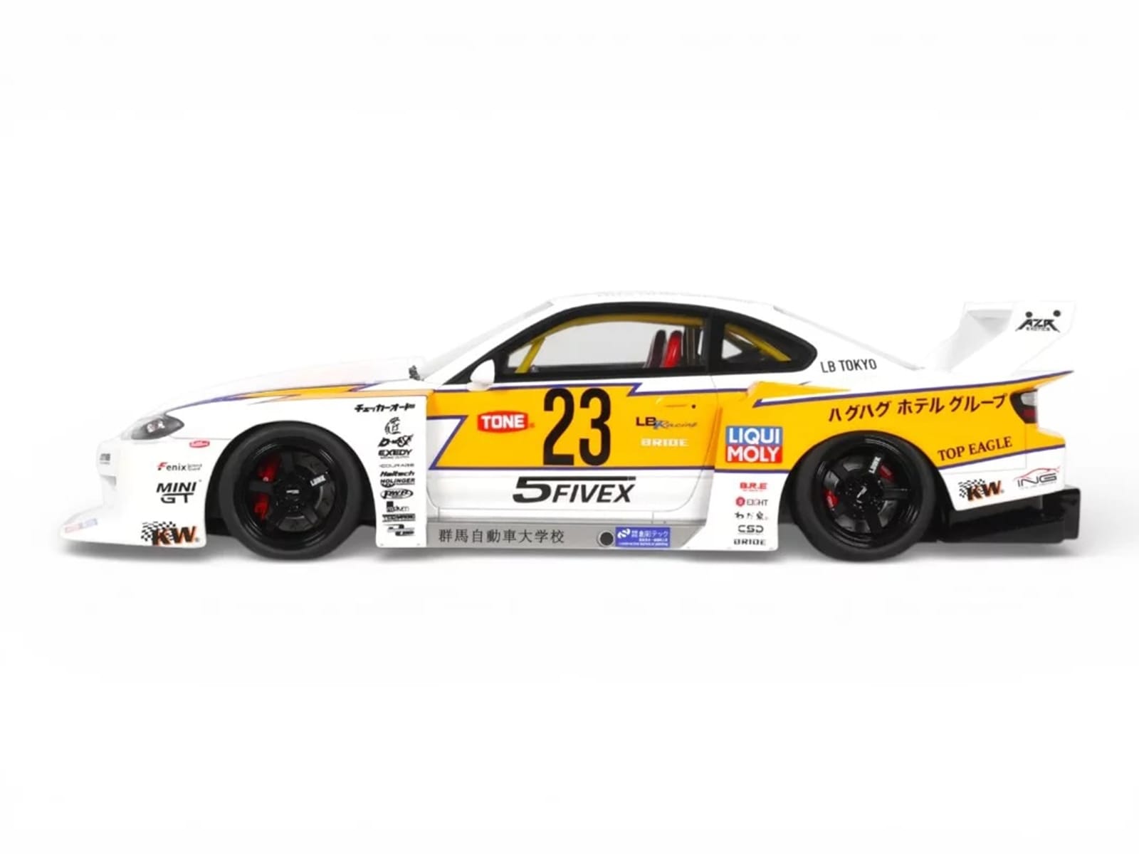 2021 Nissan Silvia (S15) LB-Super Silhouette RHD (Right Hand Drive) #23 White with Yellow Stripes 1/18 Model Car by GT Spirit - Image 4