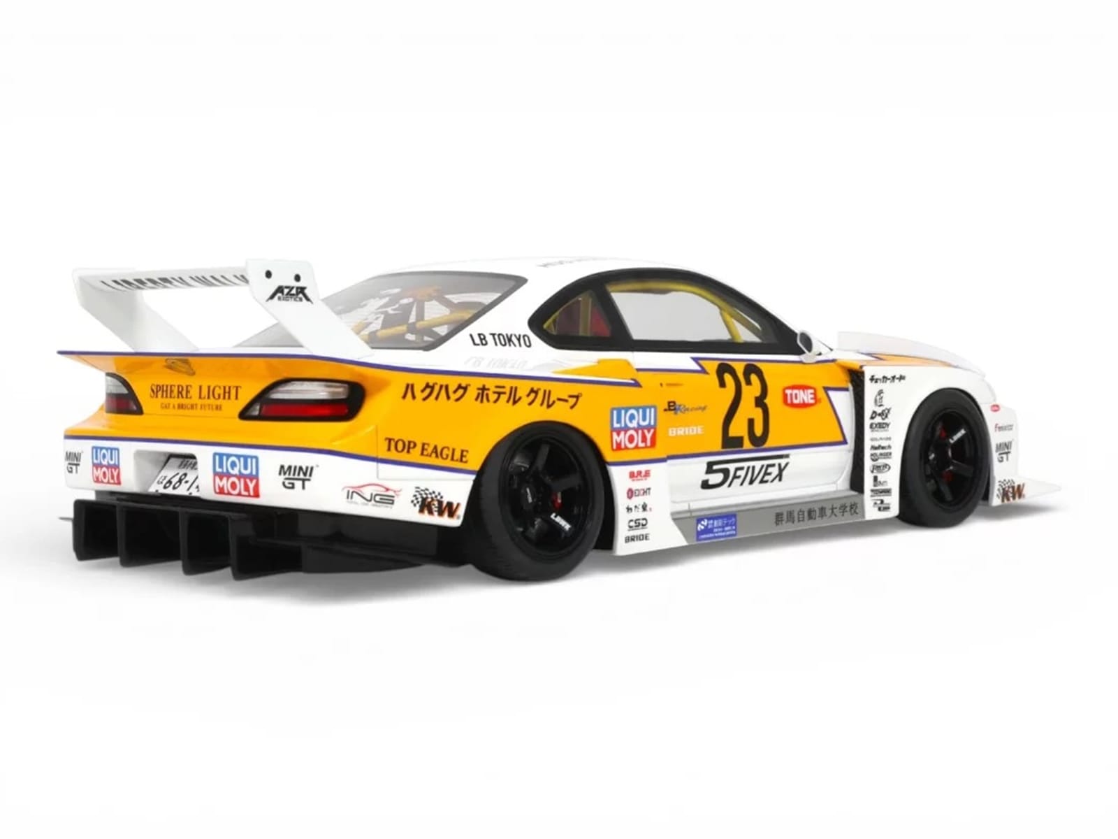 2021 Nissan Silvia (S15) LB-Super Silhouette RHD (Right Hand Drive) #23 White with Yellow Stripes 1/18 Model Car by GT Spirit - Image 5