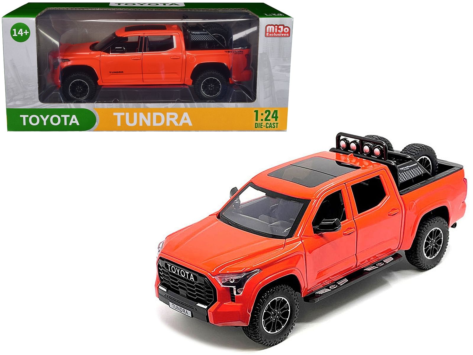 2023 Toyota Tundra TRD 4×4 Pickup Truck Solar Octane Orange with Sunroof and Wheel Rack 1/24 Diecast Model Car