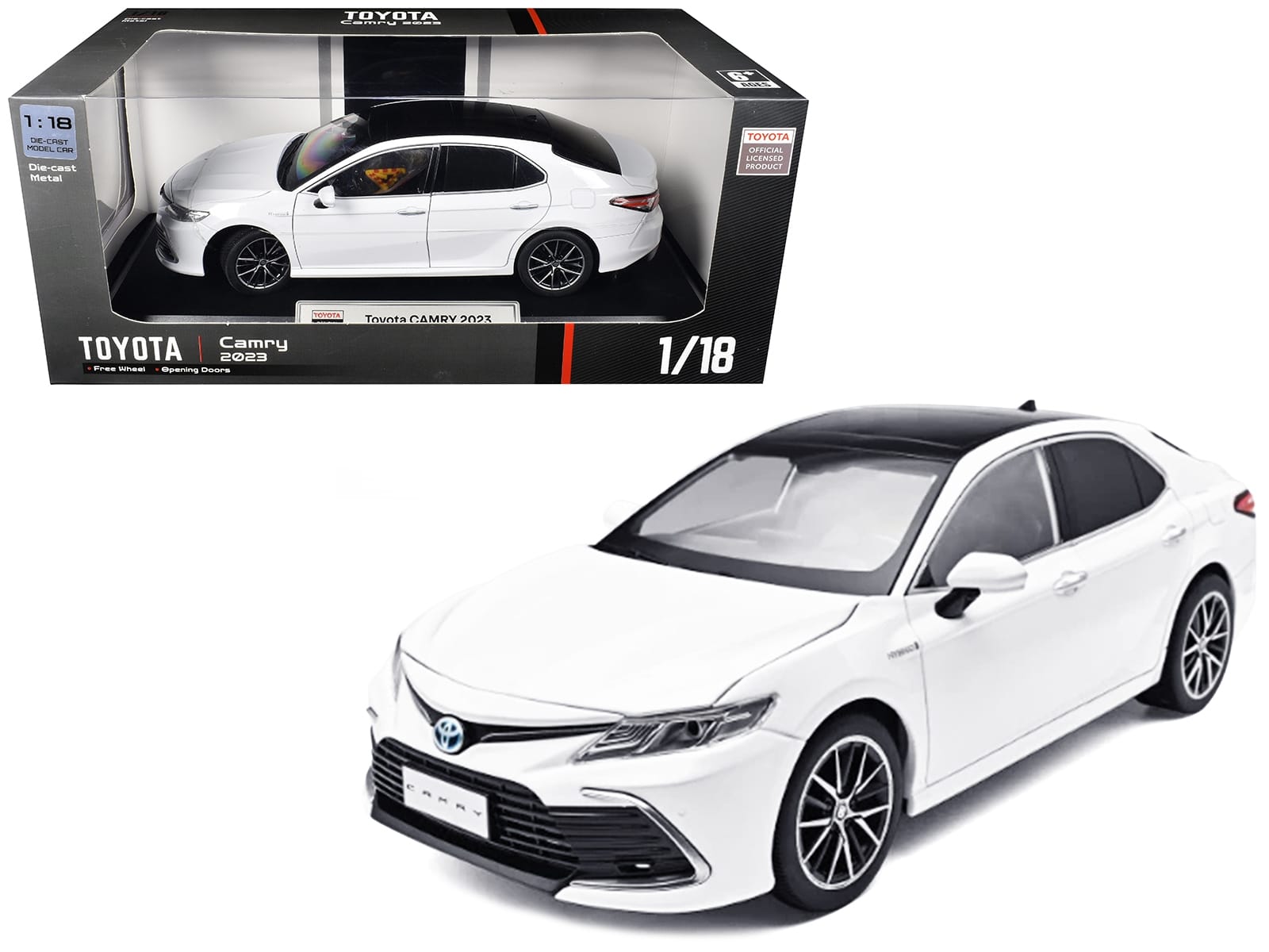 2023 Toyota Camry Hybrid White Metallic with Black Top 1/18 Diecast Model Car by Heimanba