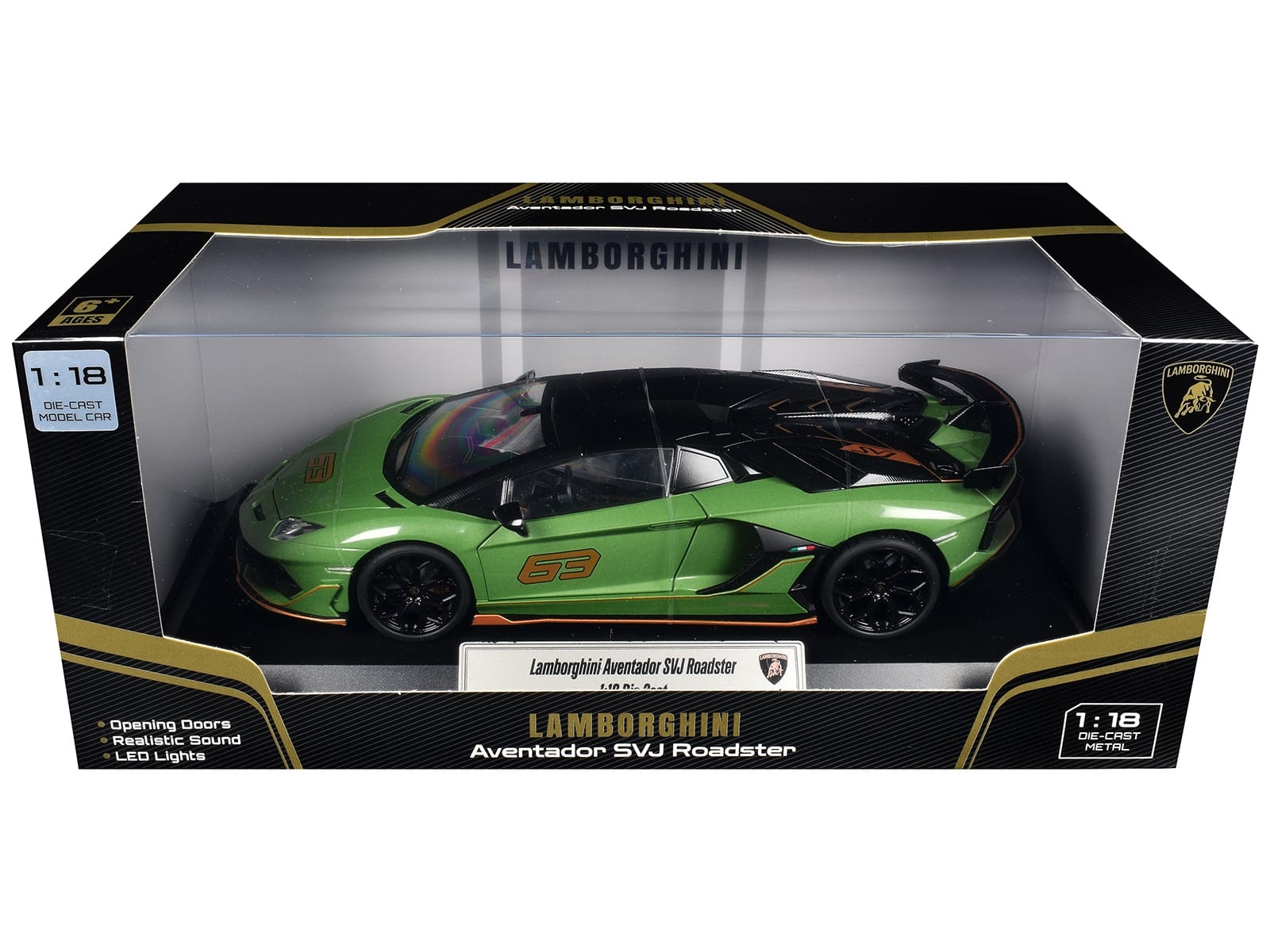 Lamborghini Aventador SVJ Roadster Green Metallic with Carbon Top and Gold Accents 1/18 Diecast Model Car by Heimanba