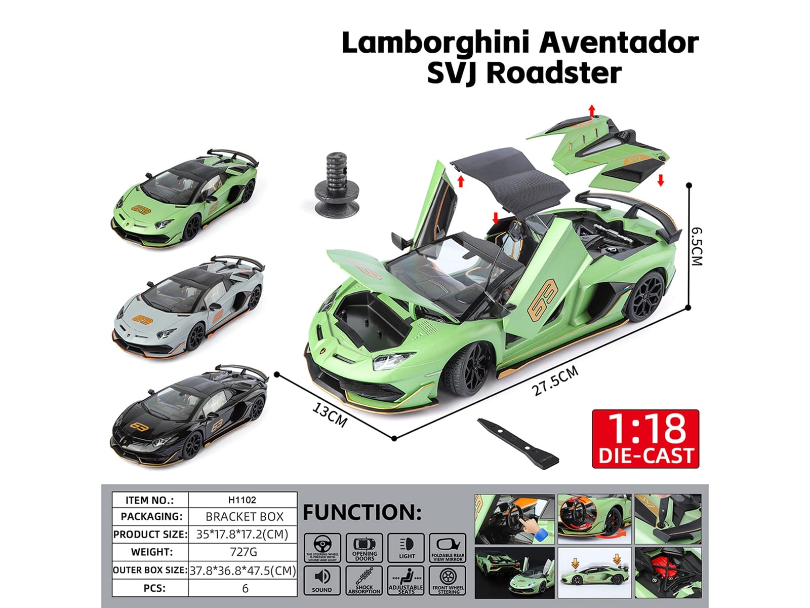 Lamborghini Aventador SVJ Roadster Matt Gray with Carbon Top and Orange Accents 1/18 Diecast Model Car by Heimanba - Image 3
