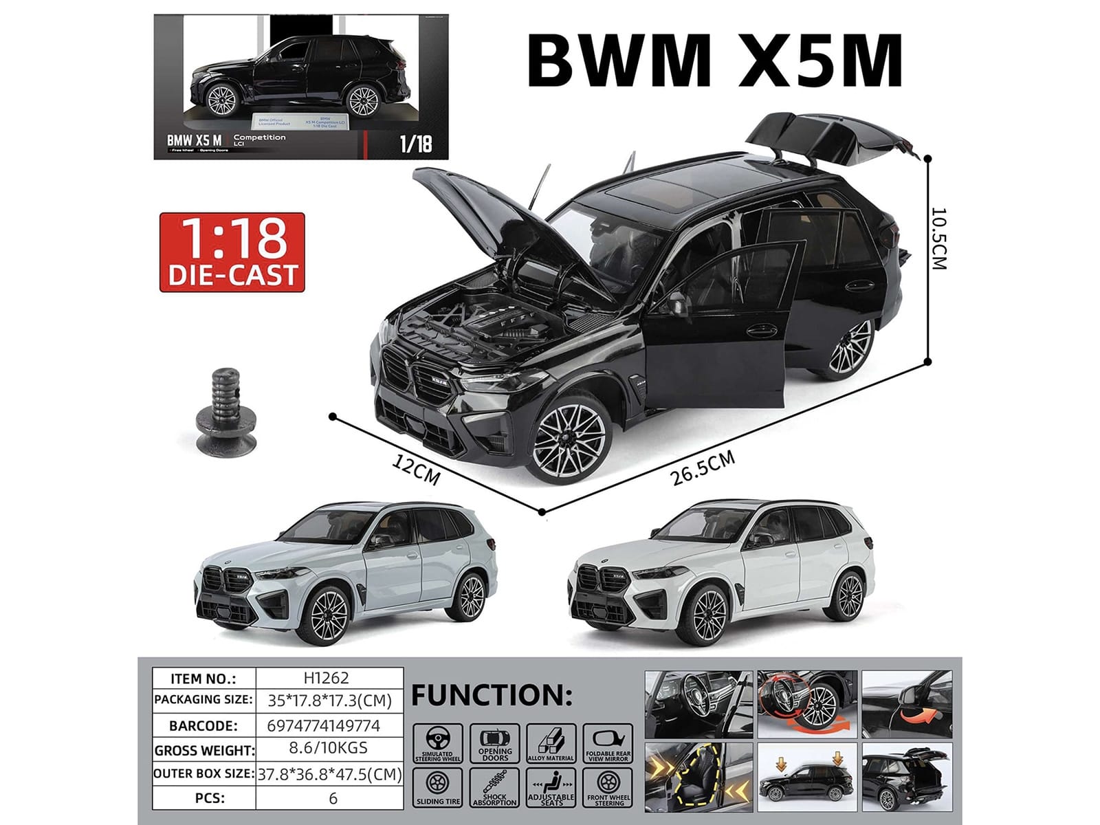 BMW X5 M Competition LCI Black Metallic with Moonroof 1/18 Diecast Model Car by Heimanba - Image 2