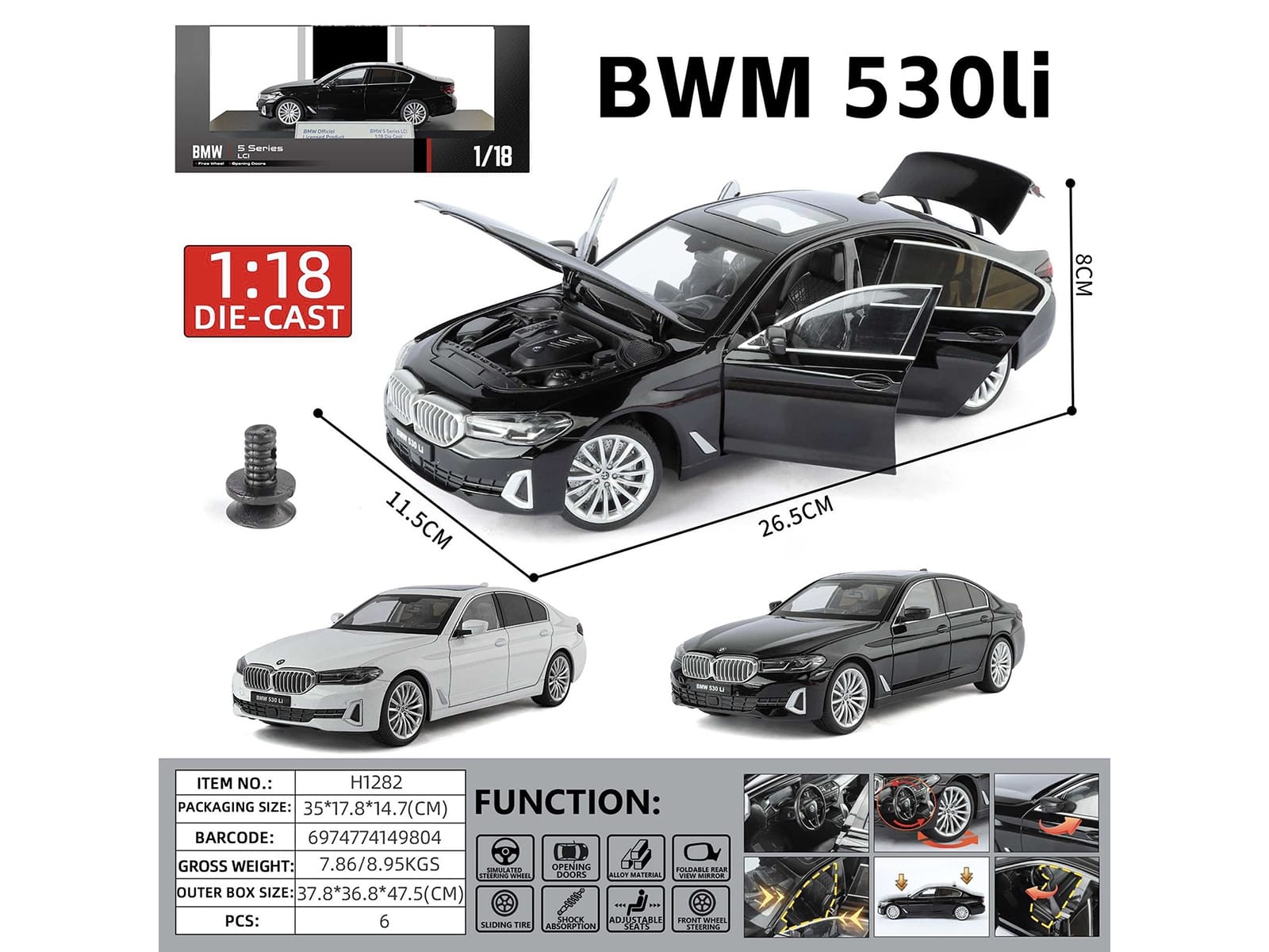 BMW 5 Series LCI Black Metallic with Moonroof 1/18 Diecast Model Car by Heimanba - Image 2
