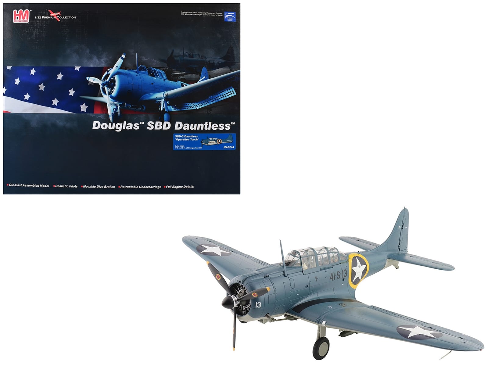 Douglas SBD-3 Dauntless Aircraft "06624 41-S-13 Operation Torch VS-41 USS Ranger" (1942) United States Navy "Premium Collection" 1/32 Diecast Model by Hobby Master