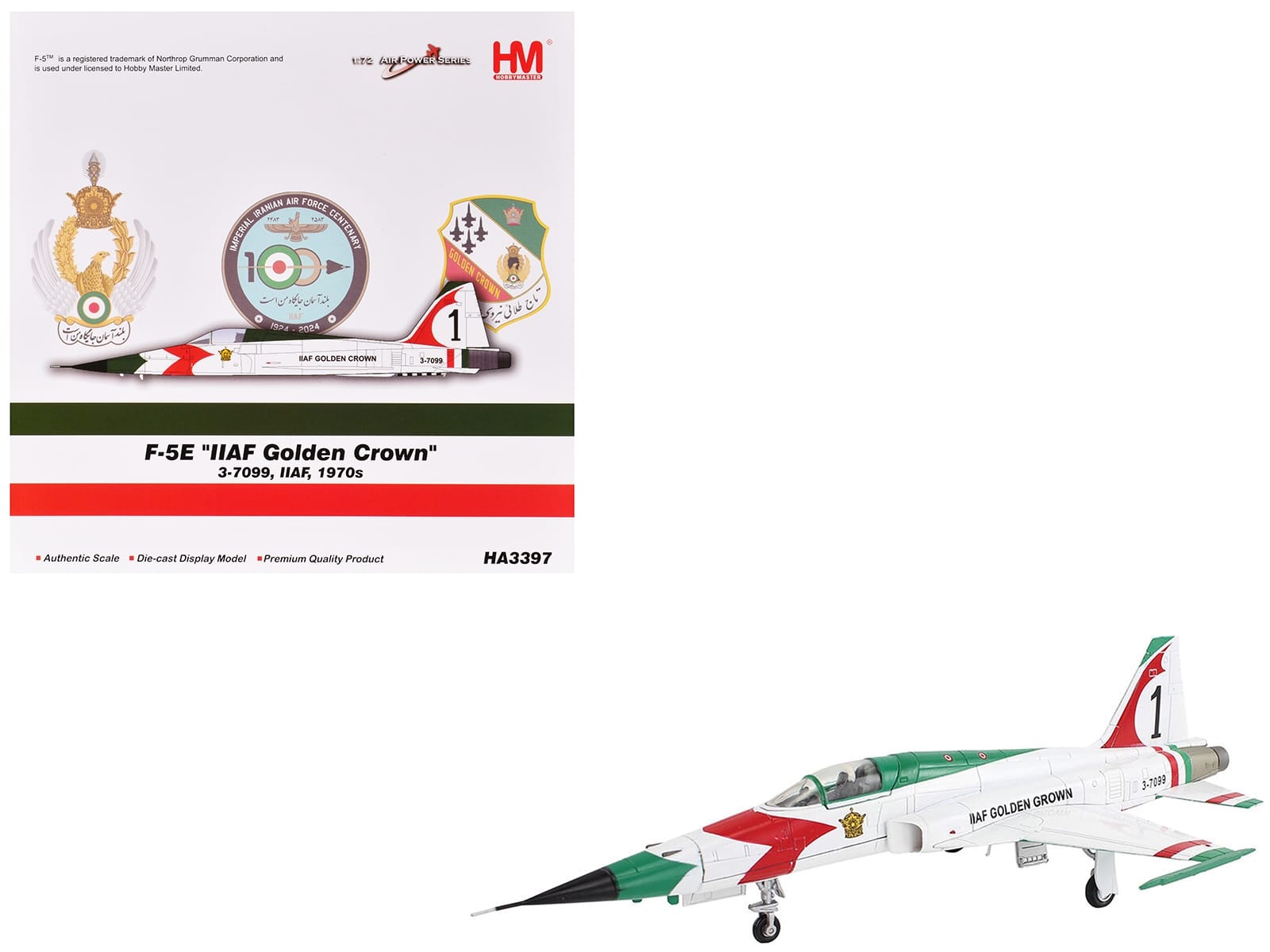 Northrop F-5E Tiger II Aircraft "#1 3-7099 IIAF Golden Crown" Imperial Iranian Air Force "Air Power Series" 1/72 Diecast Model by Hobby Master - Image 5