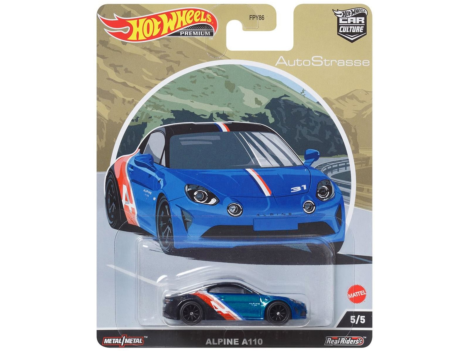 Alpine A110 Blue Metallic and Black with Graphics “Auto Strasse” Series Diecast Model Car by Hot Wheels