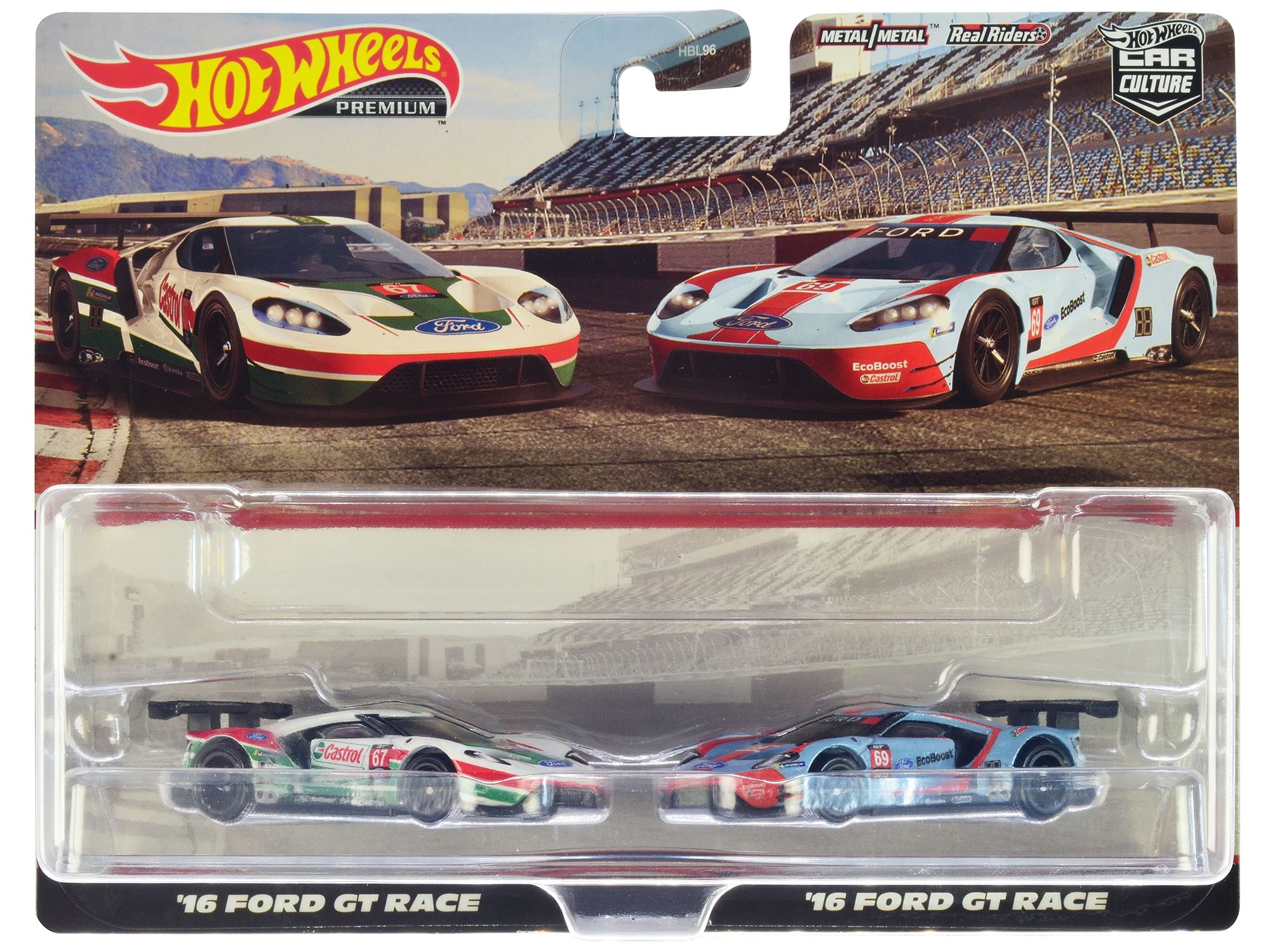 2016 Ford GT Race #67 White with Green and Red Stripes and 2016 Ford GT Race #69 Light Blue Metallic with Orange Stripes “Car Culture” Set of 2 Cars Diecast Model Cars by Hot Wheels