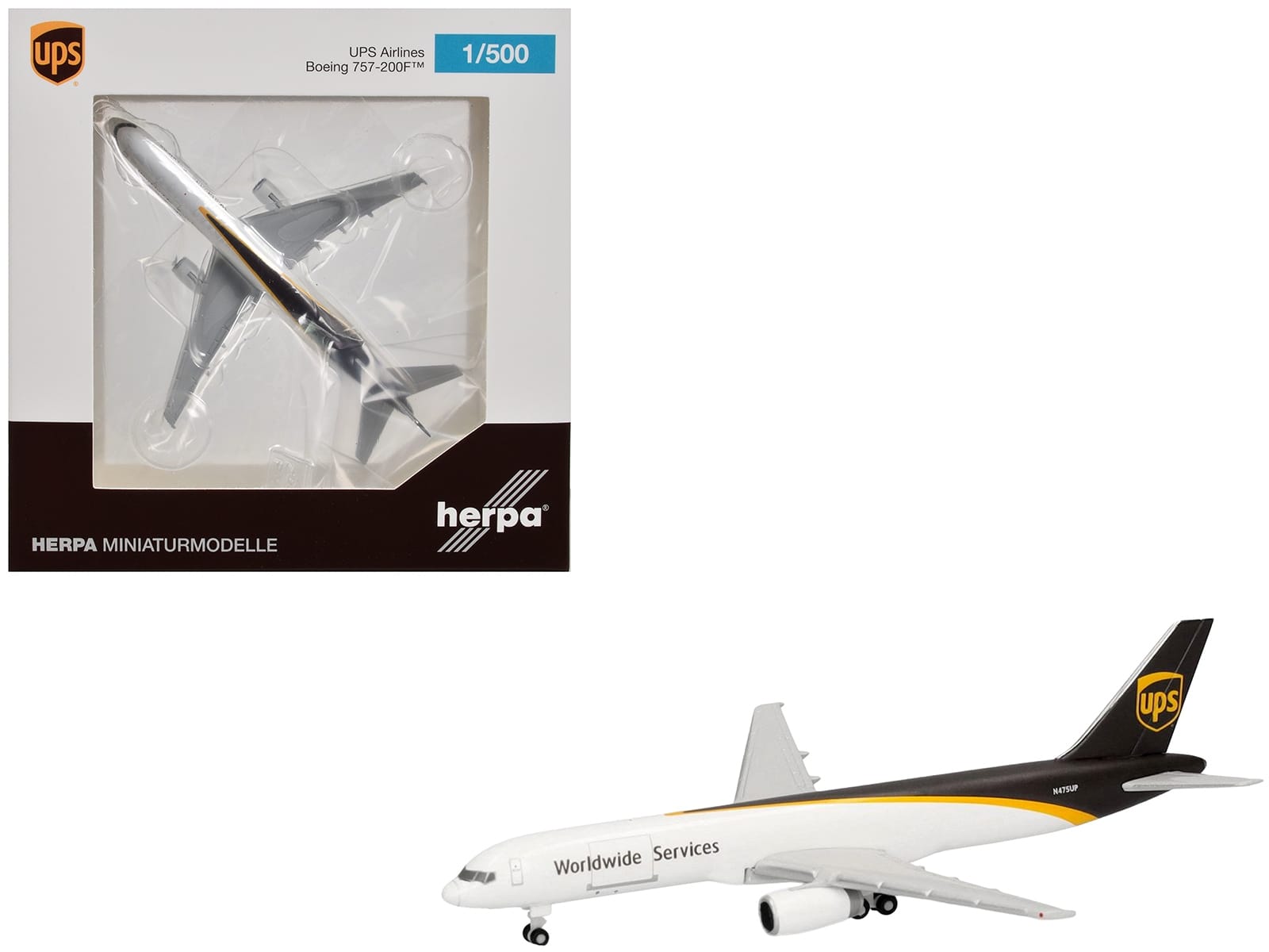Boeing 757-200F Commercial Aircraft "UPS Worldwide Service" (N475UP) White with Brown Tail 1/500 Diecast Model Airplane by Herpa