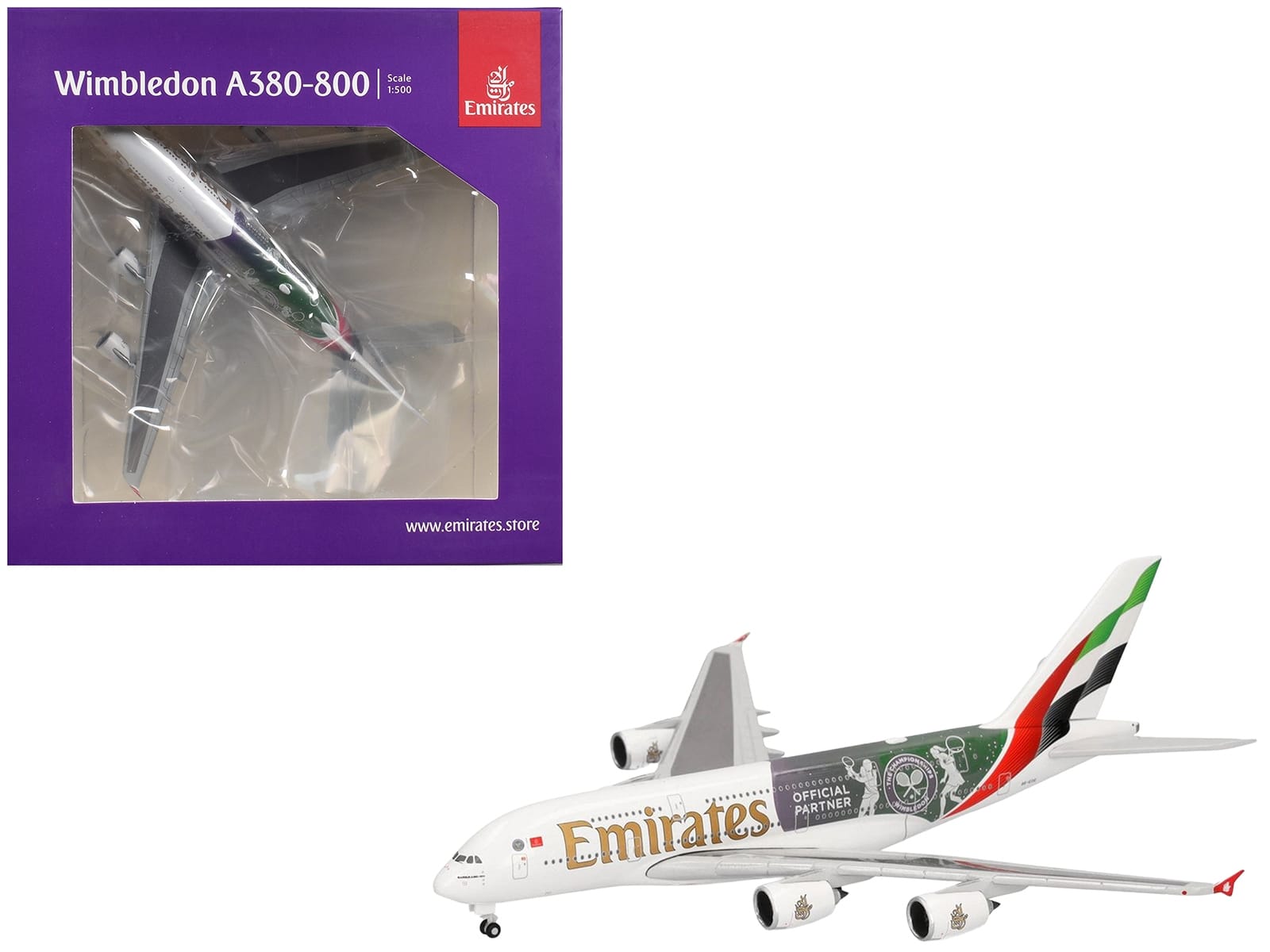 Airbus A380-800 Commercial Aircraft "Emirates Airlines - Wimbledon Official Partner" (A6-EOE) White with Graphics 1/500 Diecast Model Airplane by Herpa