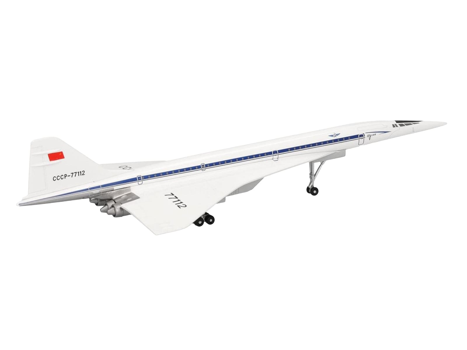 Tupolev Tu-144D Commercial Aircraft "Aeroflt - Technik Museum Sinsheim" (CCCP-77112) White with Blue Stripes 1/400 Diecast Model Airplane by Herpa - Image 4