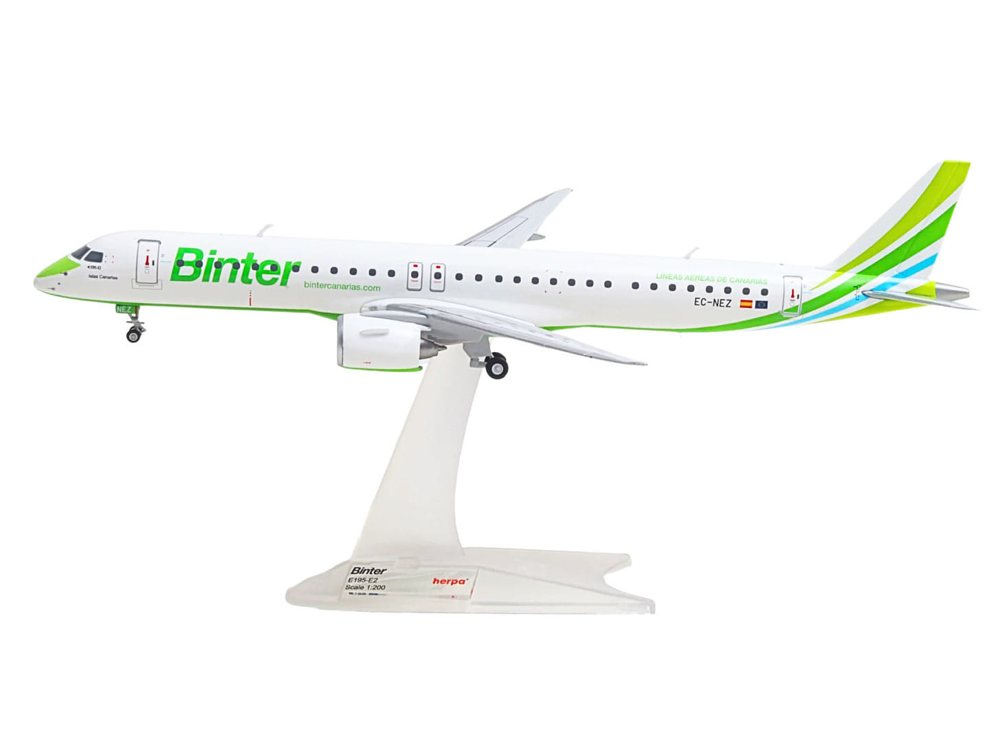Embraer E195-E2 Commercial Aircraft "Binter Canarias" (EC-NEZ) White with Green Striped Tail 1/200 Diecast Model by Herpa - Image 2