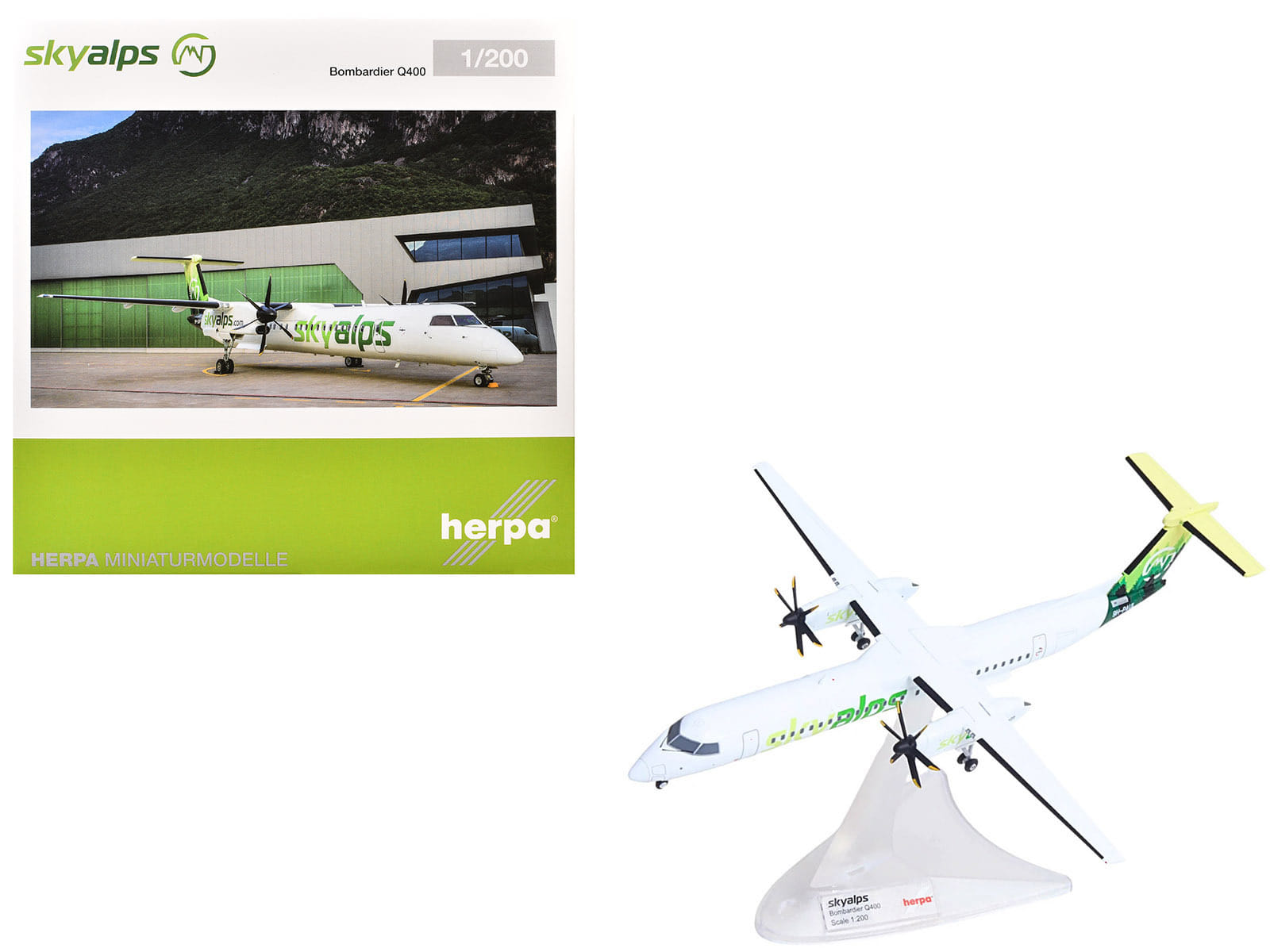Bombardier Q400 Commercial Aircraft "Sky Alps" (9H-PAUL) White with Green Tail Graphics 1/200 Diecast Model by Herpa