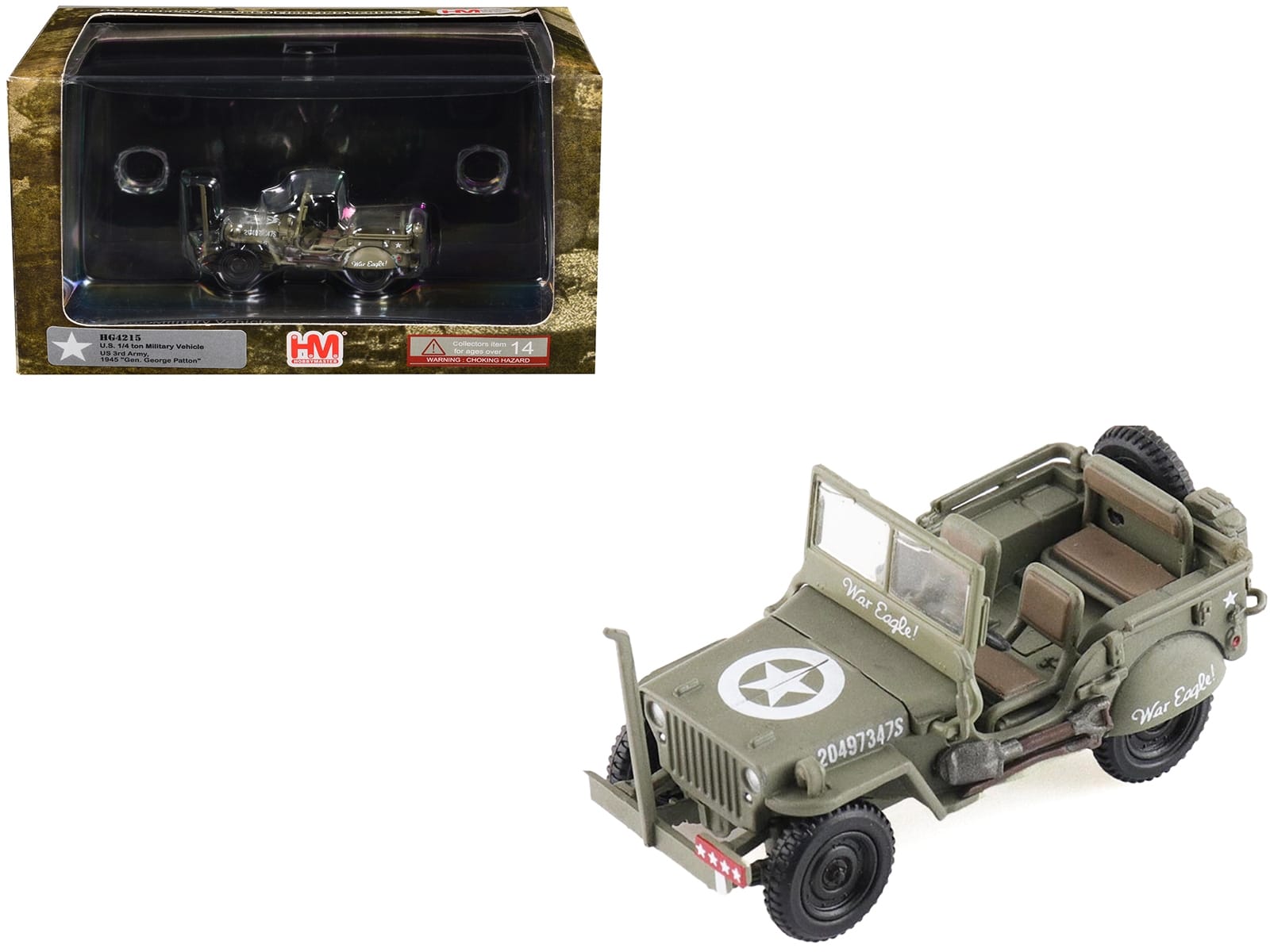 U.S. 1/4 ton Military Vehicle Olive Drab "Gen. George Patton US 3rd Army War Eagle" (1945) United States Army "Ground Power Series" 1/72 Diecast Model by Hobby Master - Image 5