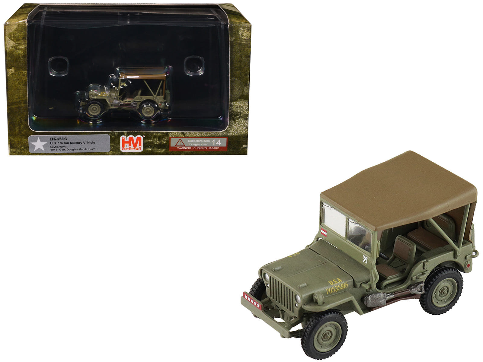 U.S. 1/4 ton Military Vehicle Olive Drab "Gen. Douglas MacArthur Leyte WWII" (1945) United States Army "Ground Power Series" 1/72 Diecast Model by Hobby Master - Image 4