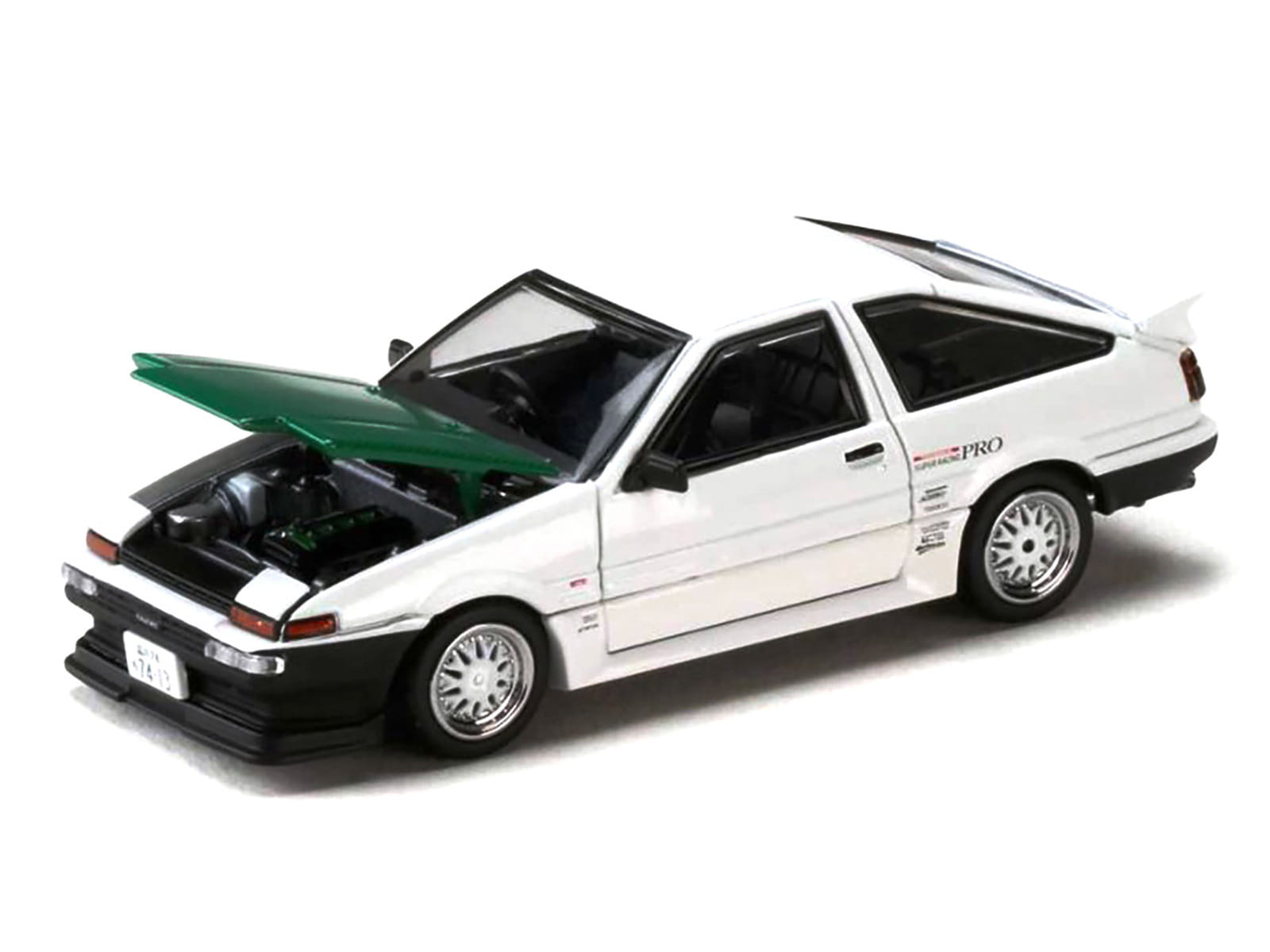 Toyota Sprinter Trueno (AE86) RHD (Right Hand Drive) "Keiichi Tsuchiya - Dori Dori Mesh Wheels" White with Green Carbon Hood 1/64 Diecast Model Car by Hobby Japan - Image 2