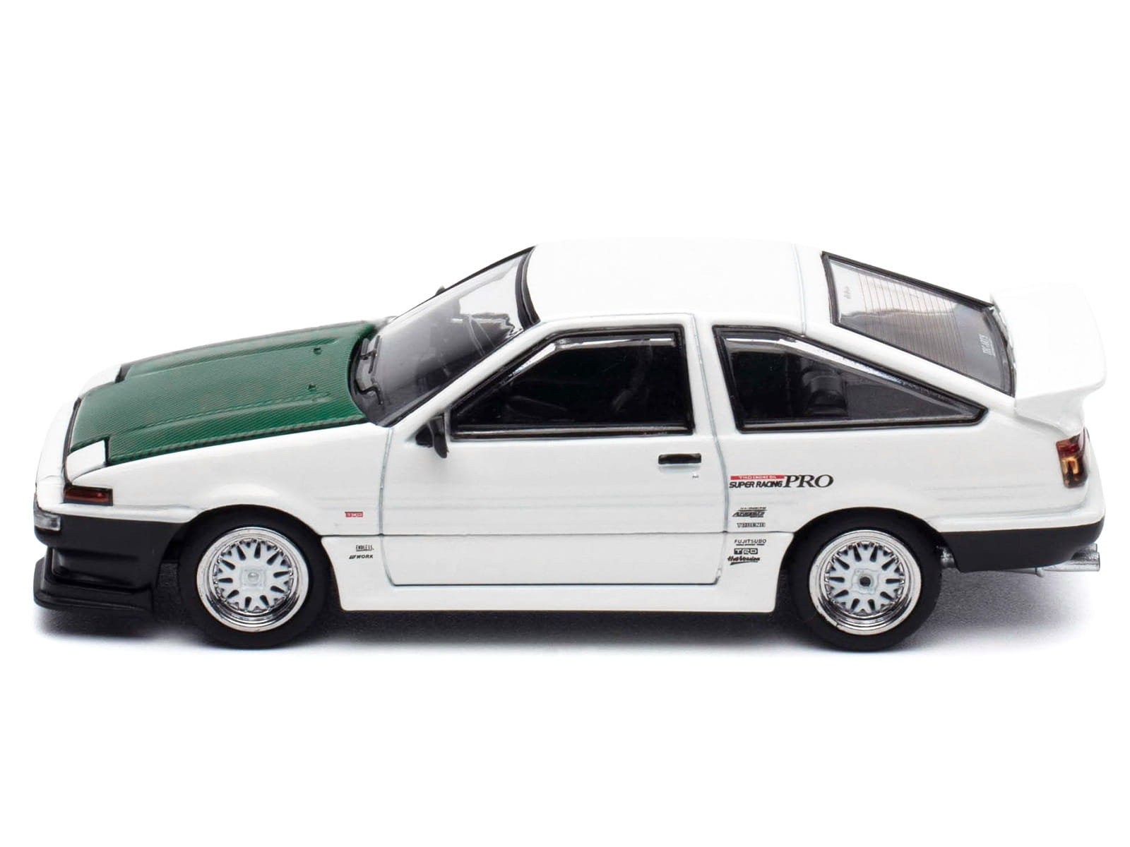 Toyota Sprinter Trueno (AE86) RHD (Right Hand Drive) "Keiichi Tsuchiya - Dori Dori Mesh Wheels" White with Green Carbon Hood 1/64 Diecast Model Car by Hobby Japan - Image 3