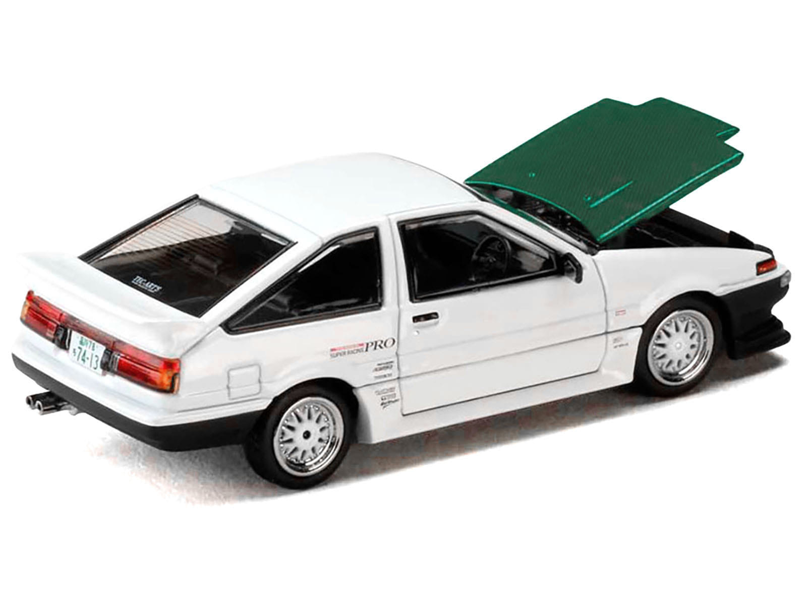 Toyota Sprinter Trueno (AE86) RHD (Right Hand Drive) "Keiichi Tsuchiya - Dori Dori Mesh Wheels" White with Green Carbon Hood 1/64 Diecast Model Car by Hobby Japan - Image 4