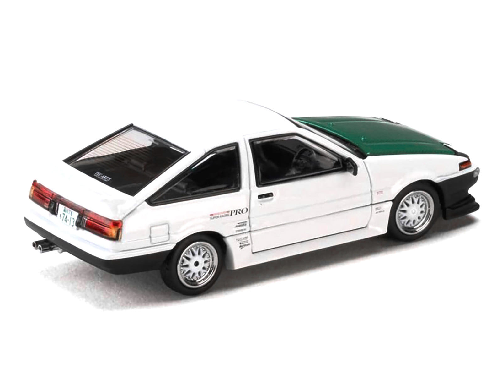 Toyota Sprinter Trueno (AE86) RHD (Right Hand Drive) "Keiichi Tsuchiya - Dori Dori Mesh Wheels" White with Green Carbon Hood 1/64 Diecast Model Car by Hobby Japan - Image 5